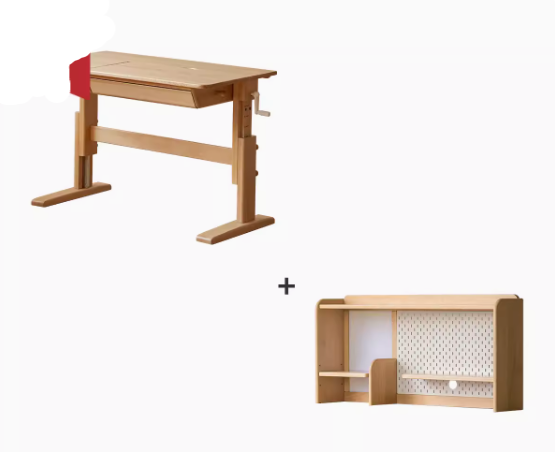 Beech Solid Wood lifting kids table with self/chair/high shelf"