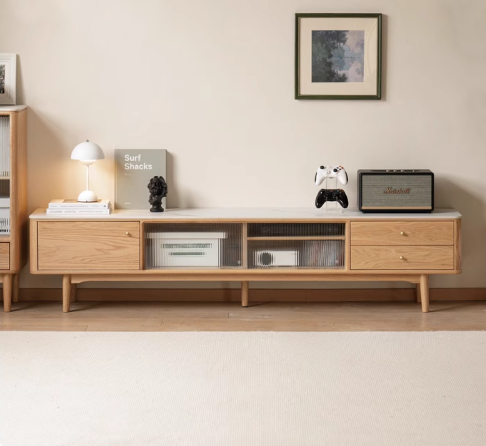 Oak, Poplar, Beech Solid Wood Sliding Door TV Stand With Rock Slab Surface.