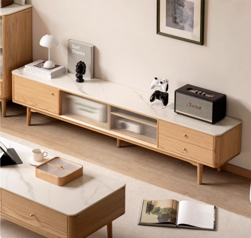 Oak, Poplar, Beech Solid Wood Sliding Door TV Stand With Rock Slab Surface.