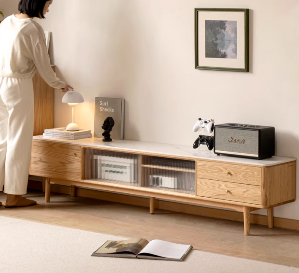 Oak, Poplar, Beech Solid Wood Sliding Door TV Stand With Rock Slab Surface.