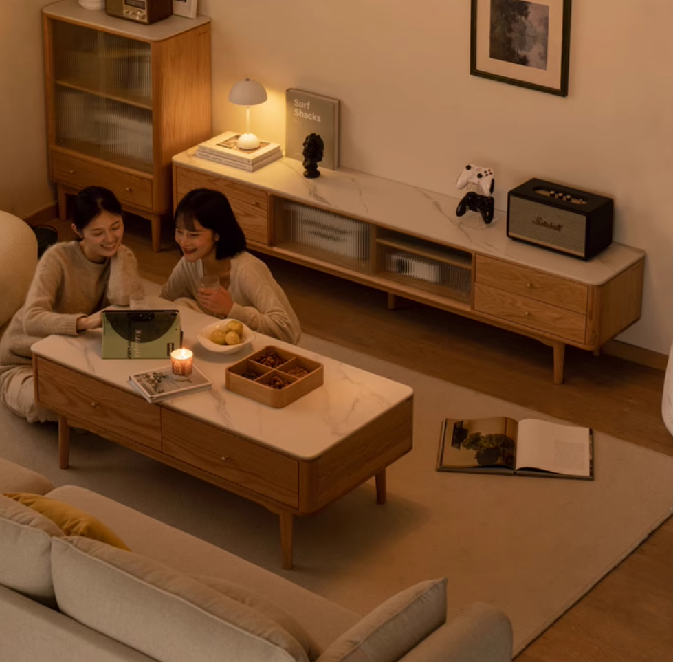 Oak, Poplar, Beech Solid Wood Sliding Door TV Stand With Rock Slab Surface.