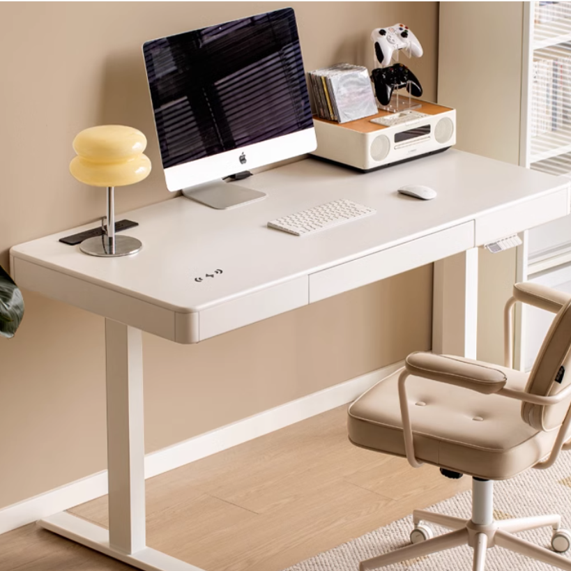 Solid Rubberwood Smart Electric Lift Desk Cream Style