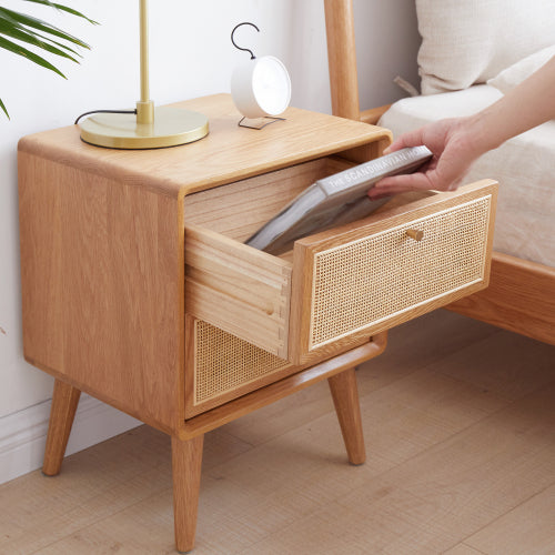 Oak Solid Wood Rattan Nightstand
