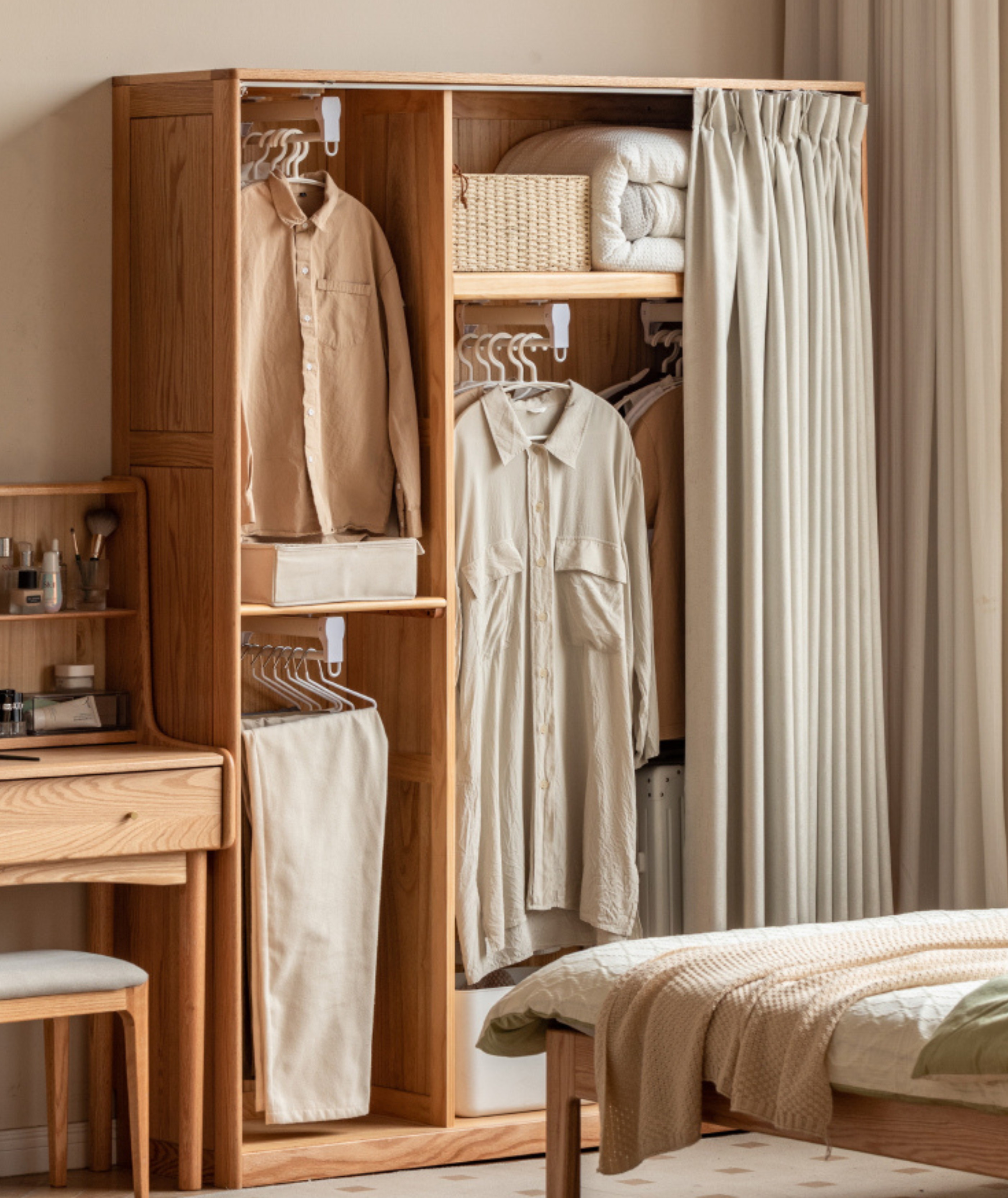 Solid RubberWood, Oak Solid Wood Wardrobe Thin Cloth Curtain.