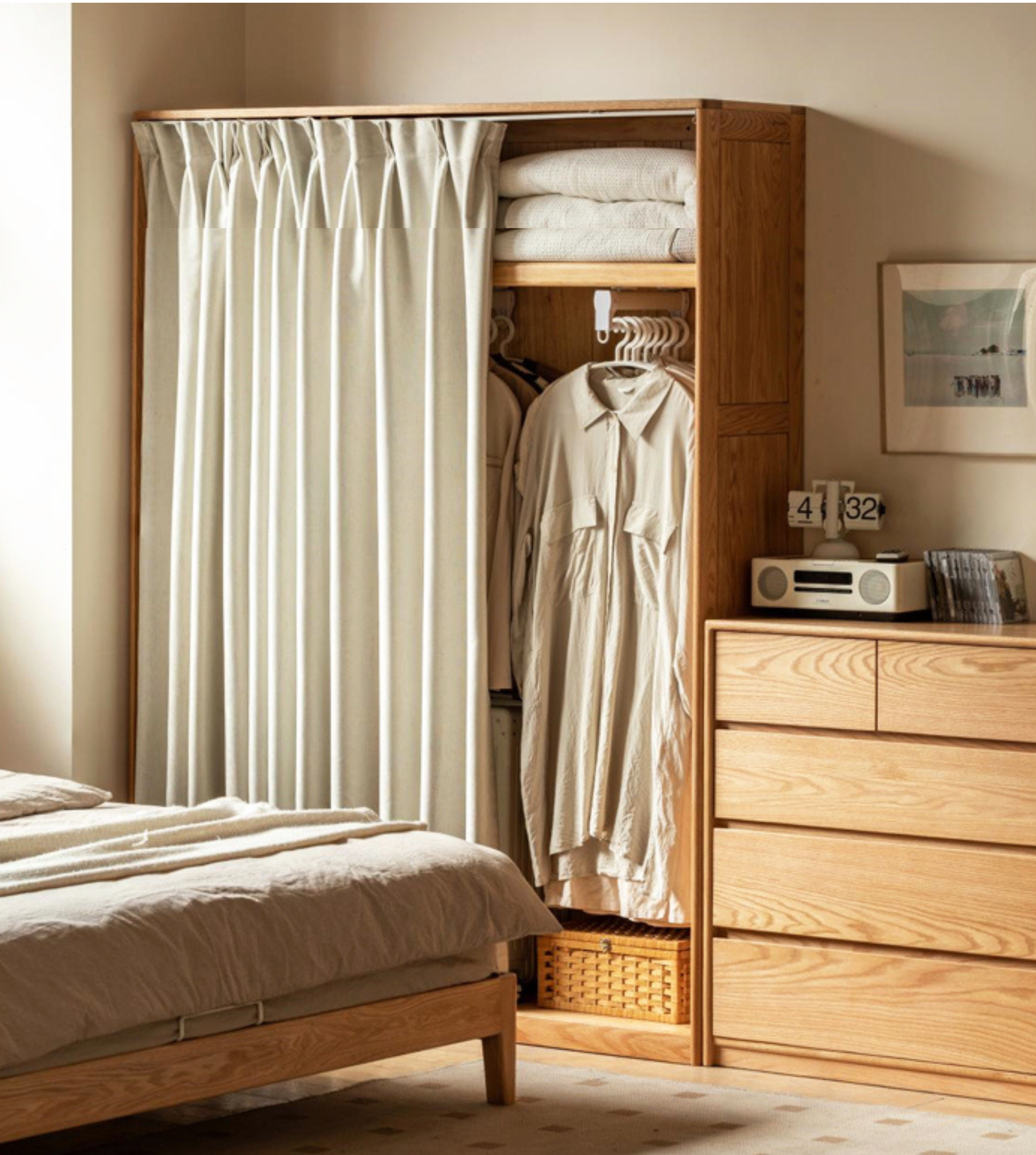 Solid RubberWood, Oak Solid Wood Wardrobe Thin Cloth Curtain.