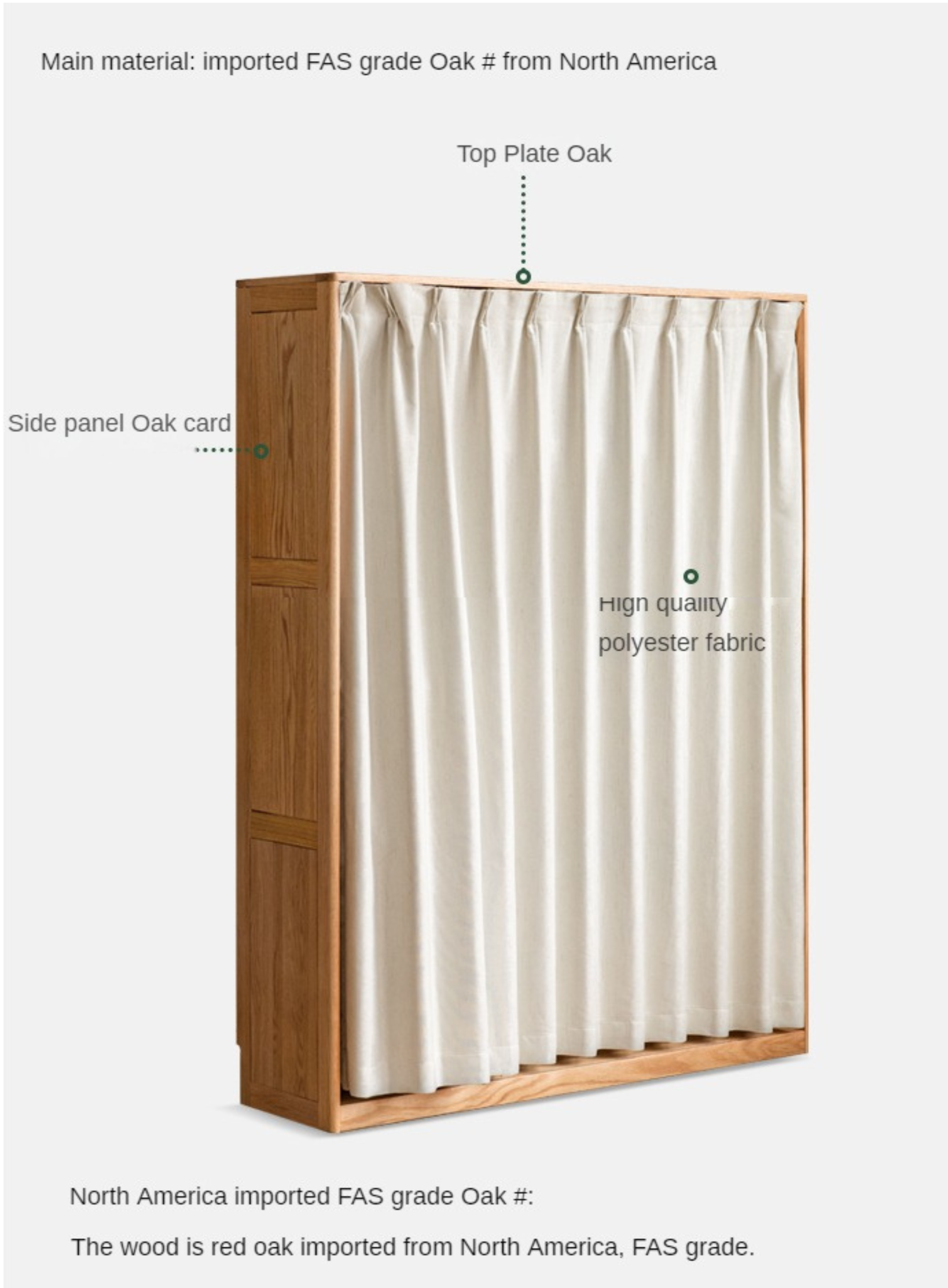 Solid RubberWood, Oak Solid Wood Wardrobe Thin Cloth Curtain.