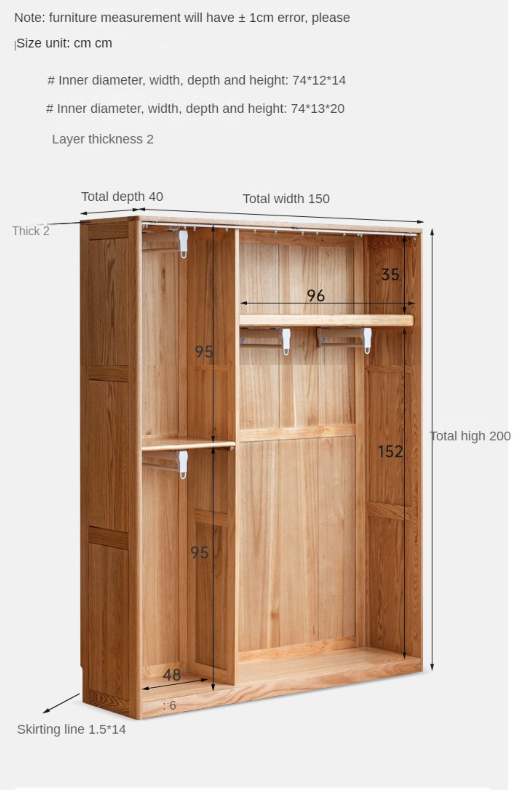 Solid RubberWood, Oak Solid Wood Wardrobe Thin Cloth Curtain.