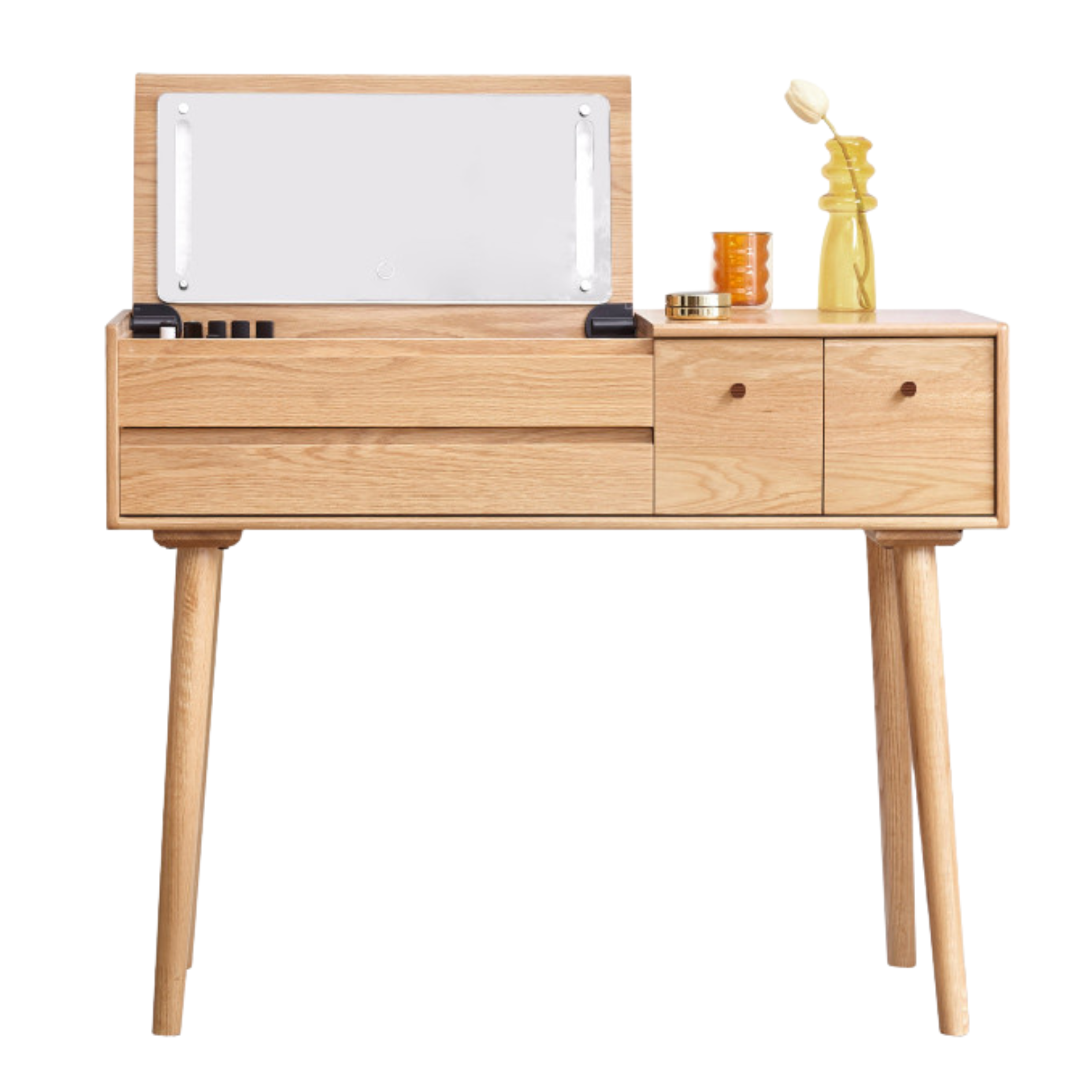 Oak Solid Wood, Solid RubberWood Vanity Table Mirror LED Touch Light.