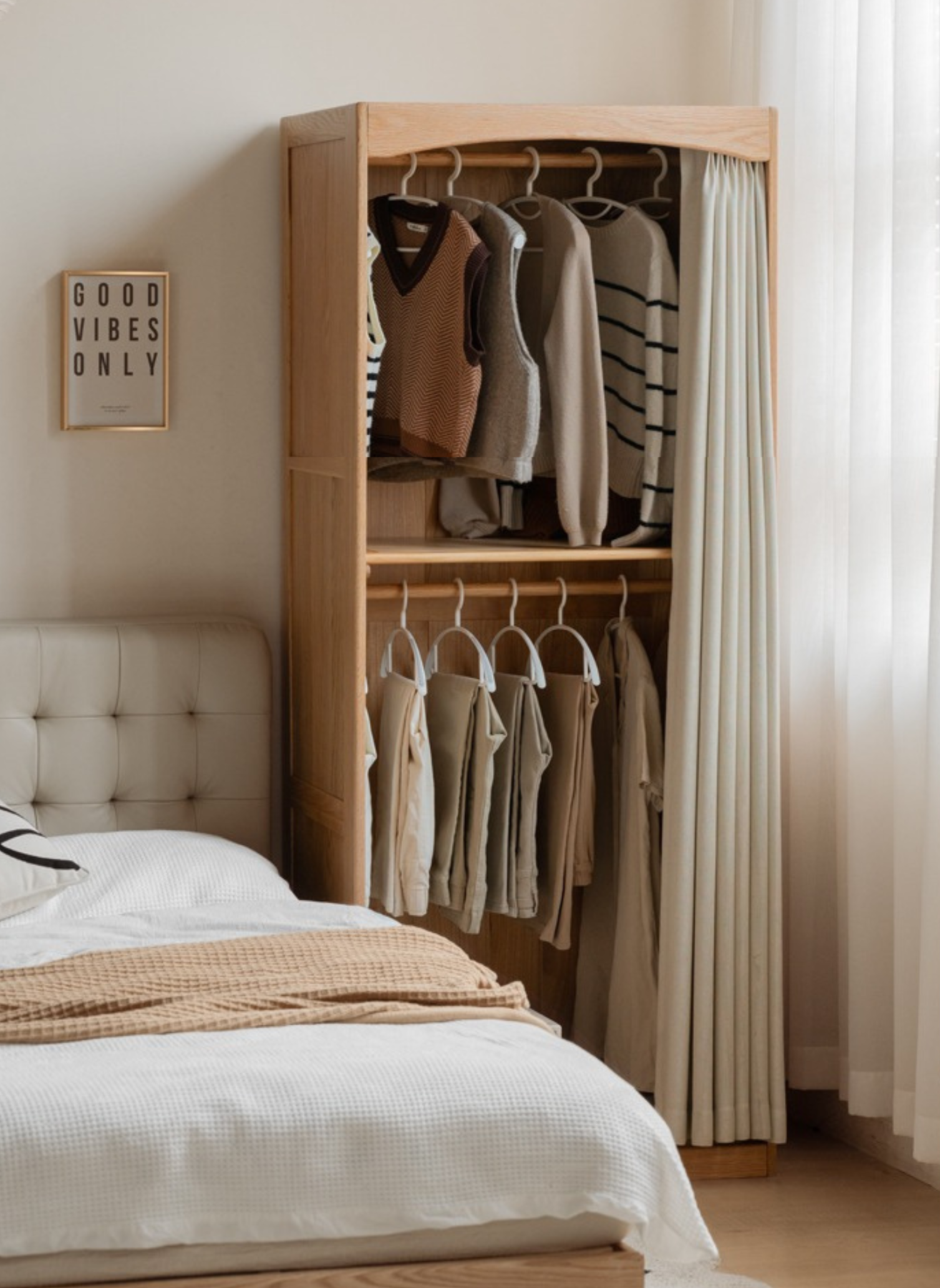 Oak, Solid Rubberwood Wardrobe Curtain Design.