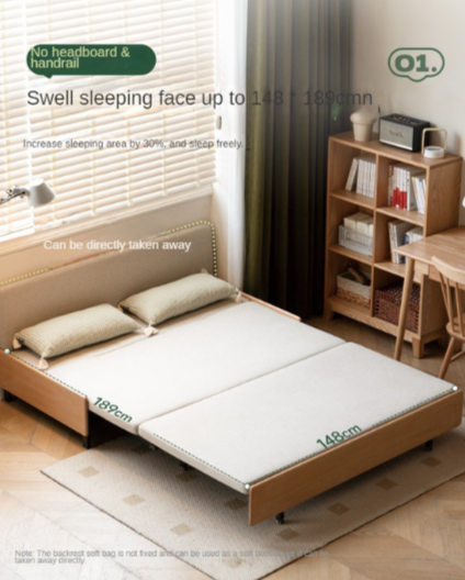 Oak Solid Wood Sofa Bed Folding Sit-sleeping Pull-out Bed.