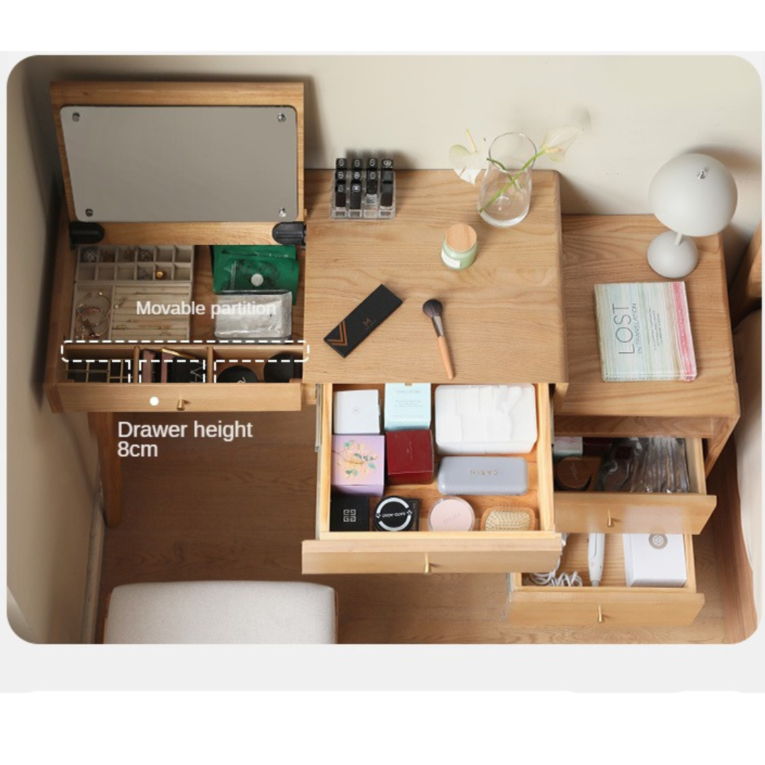 Ash Solid Wood Dressing Table with Mirror Shelf & Flip Cover.