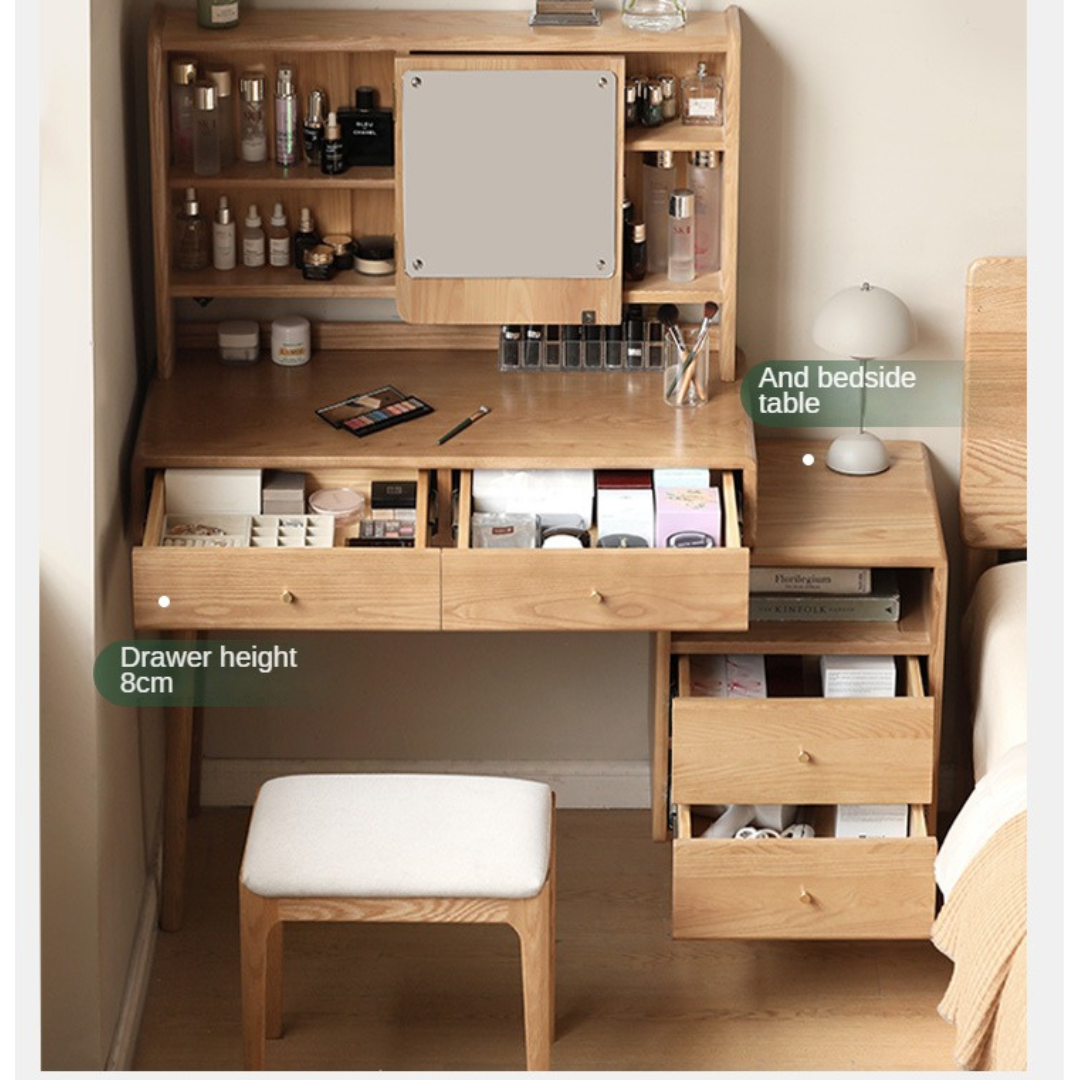 Ash Solid Wood Dressing Table with Mirror Shelf & Flip Cover.
