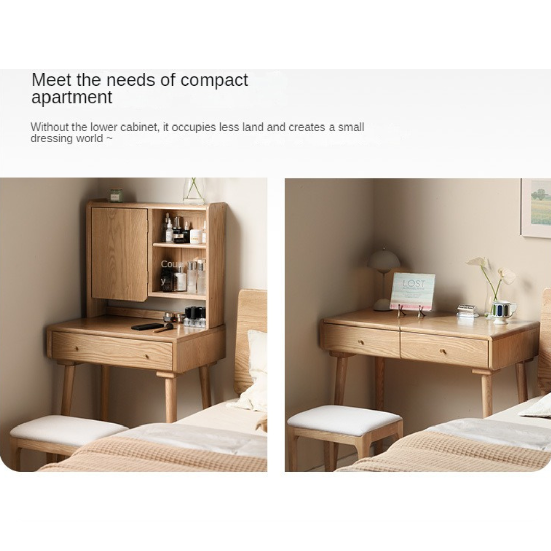 Ash Solid Wood Vanity Table with Mirror Shelf & Flip Cover.