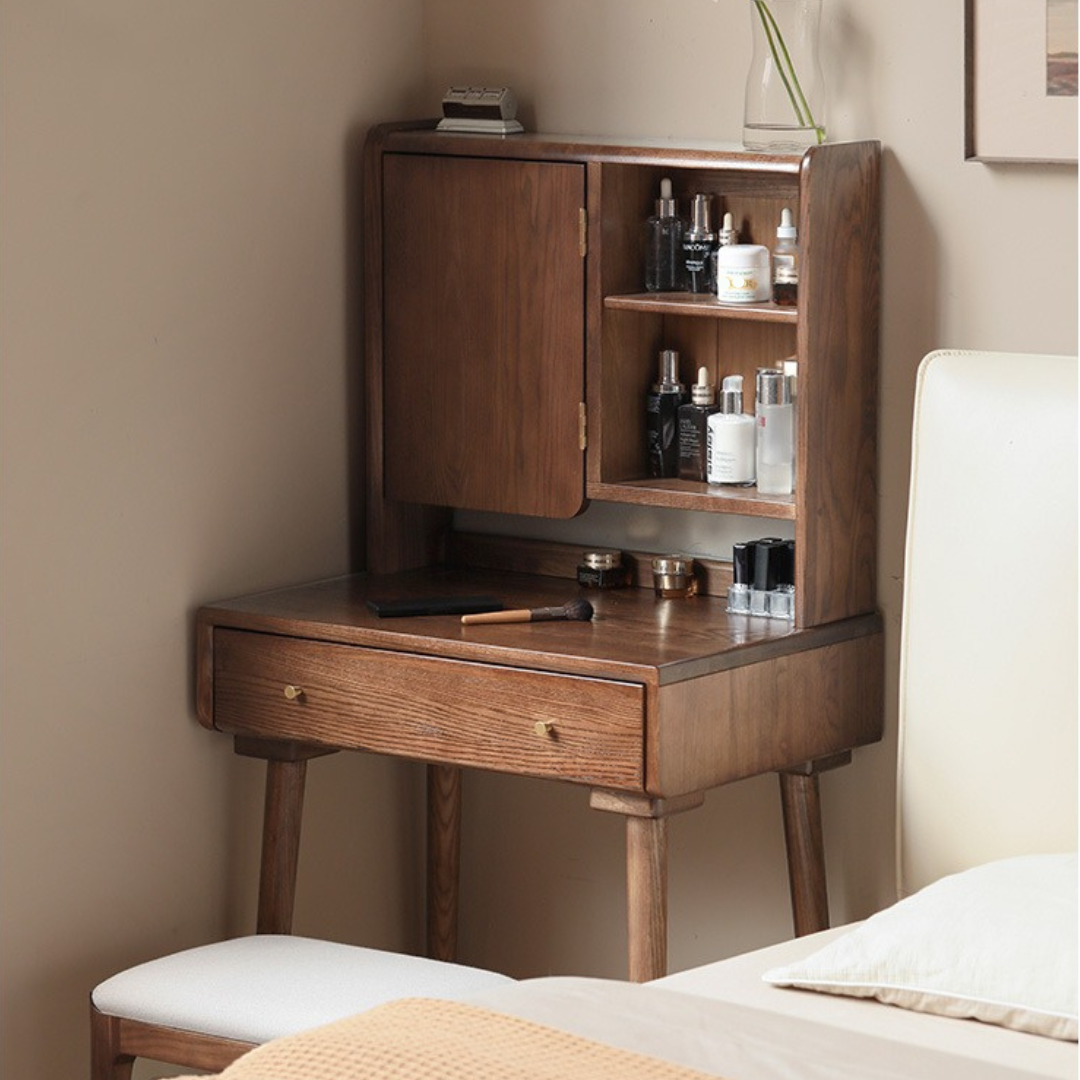 Ash Solid Wood Vanity Table with Mirror Shelf & Flip Cover.