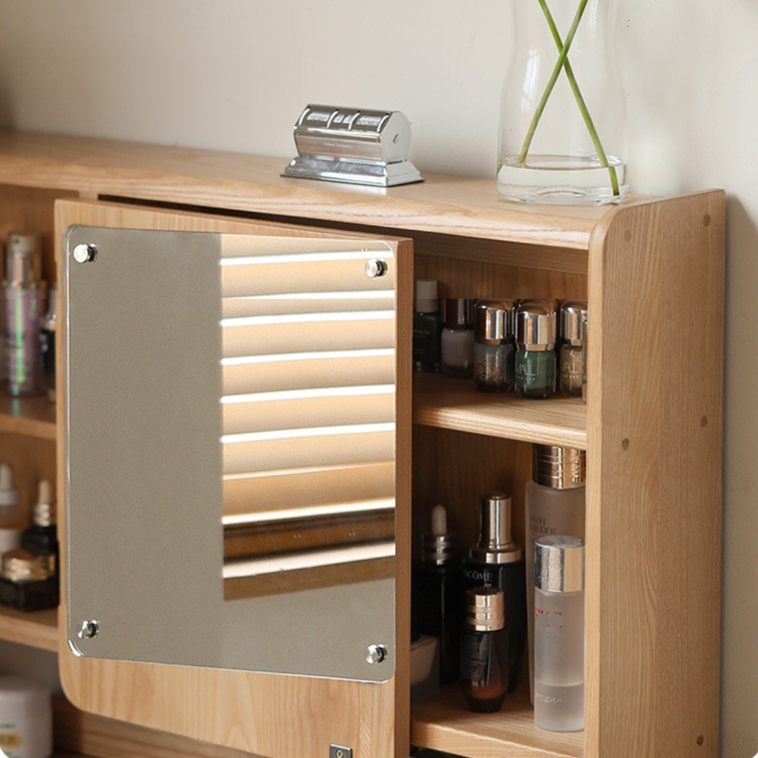 Ash Solid Wood Vanity Table with Mirror Shelf & Flip Cover.