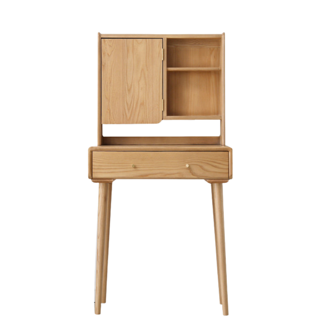 Ash Solid Wood Vanity Table with Mirror Shelf & Flip Cover.