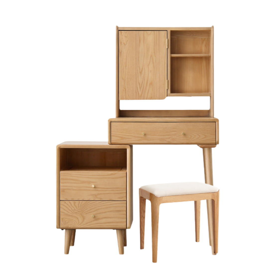 Ash Solid Wood Vanity Table with Mirror Shelf & Flip Cover.