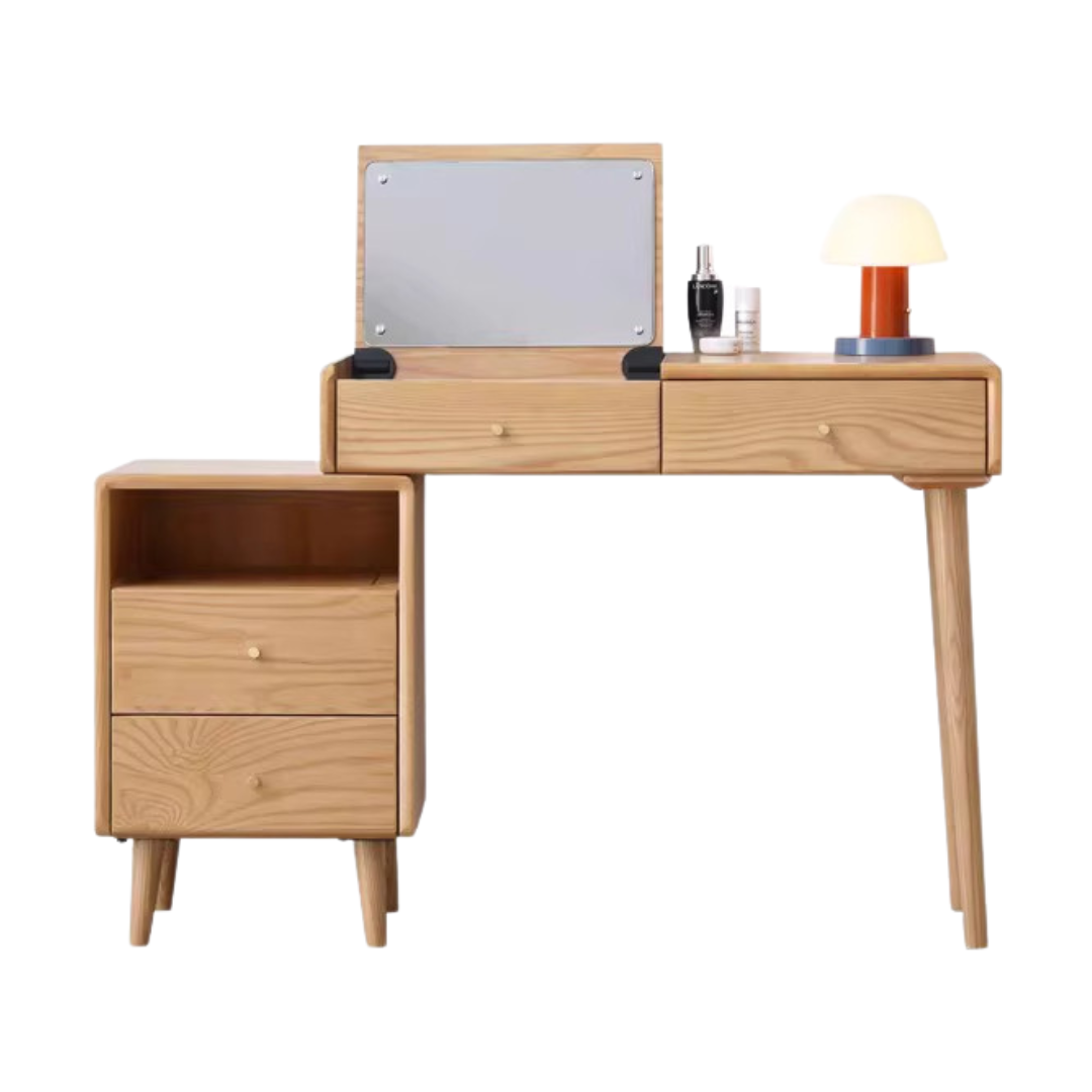 Ash Solid Wood Vanity Table with Mirror Shelf & Flip Cover.
