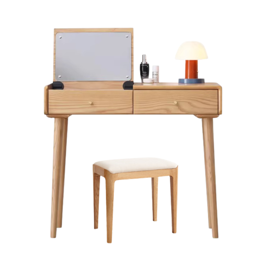 Ash Solid Wood Dressing Table with Mirror Shelf & Flip Cover.