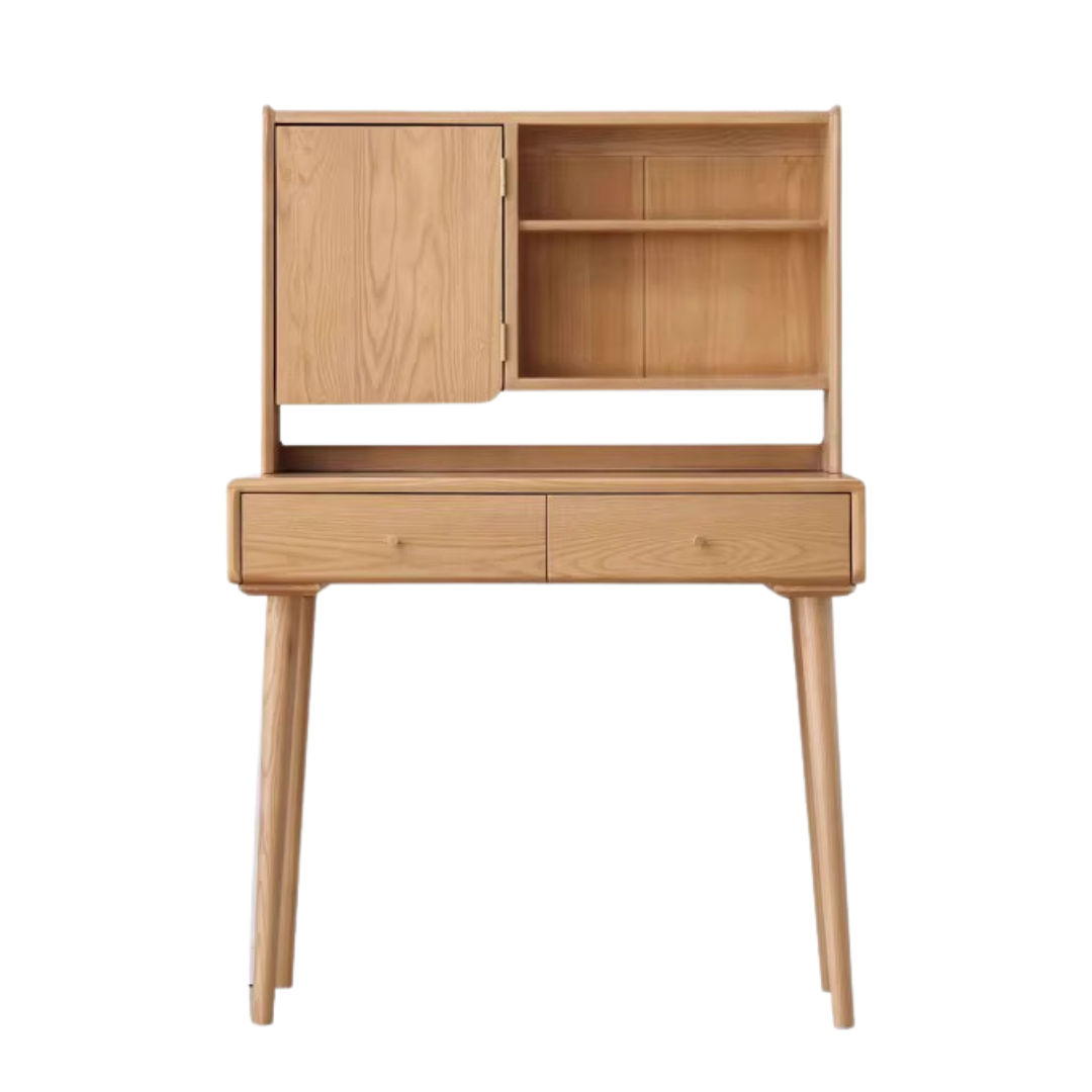 Ash Solid Wood Vanity Table with Mirror Shelf & Flip Cover.