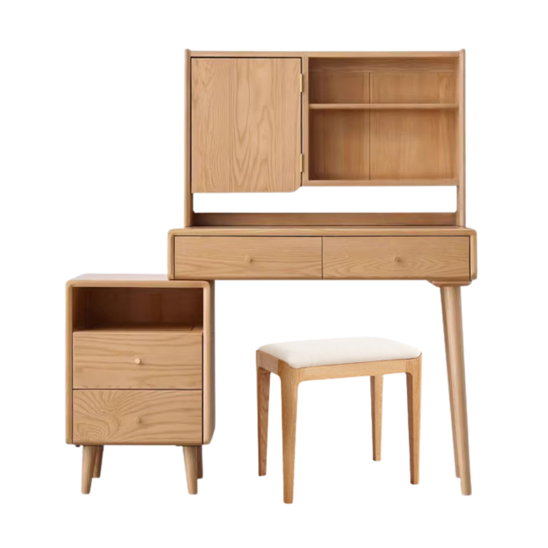 Ash Solid Wood Vanity Table with Mirror Shelf & Flip Cover.