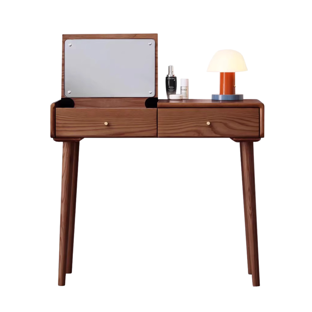 Ash Solid Wood Vanity Table with Mirror Shelf & Flip Cover.