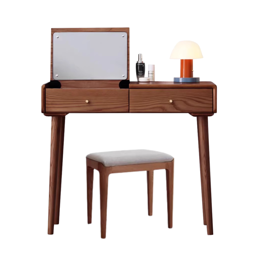 Ash Solid Wood Vanity Table with Mirror Shelf & Flip Cover.