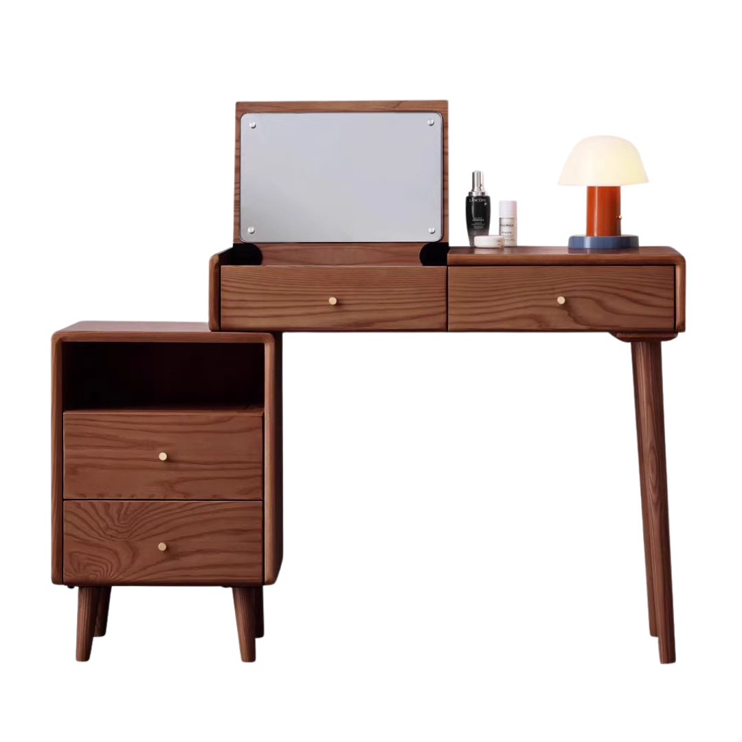 Ash Solid Wood Vanity Table with Mirror Shelf & Flip Cover.