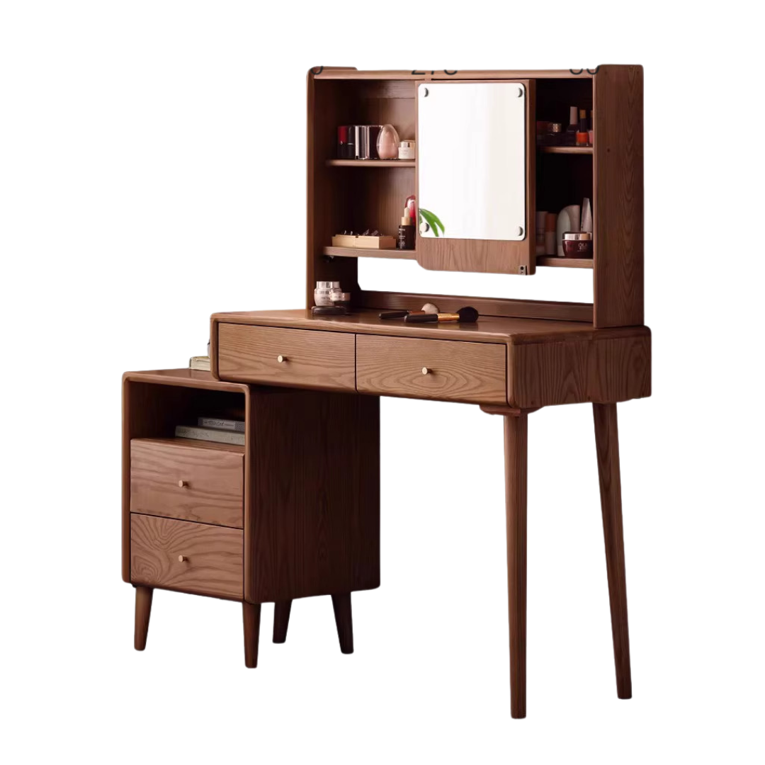 Ash Solid Wood Vanity Table with Mirror Shelf & Flip Cover.