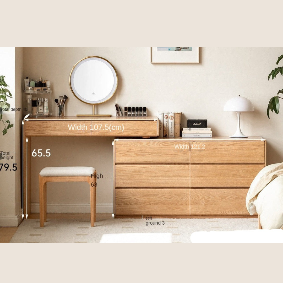Oak, Ash Solid Wood Retractable Vanity Table Storage Cabinet.