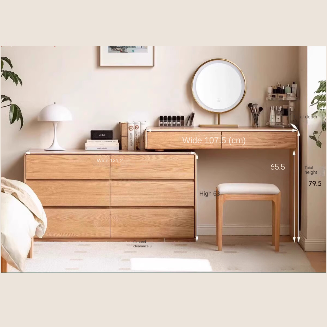 Oak, Ash Solid Wood Retractable Vanity Table Storage Cabinet.
