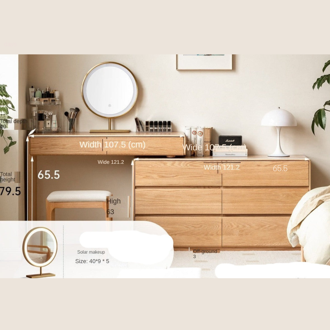 Oak, Ash Solid Wood Retractable Vanity Table Storage Cabinet.