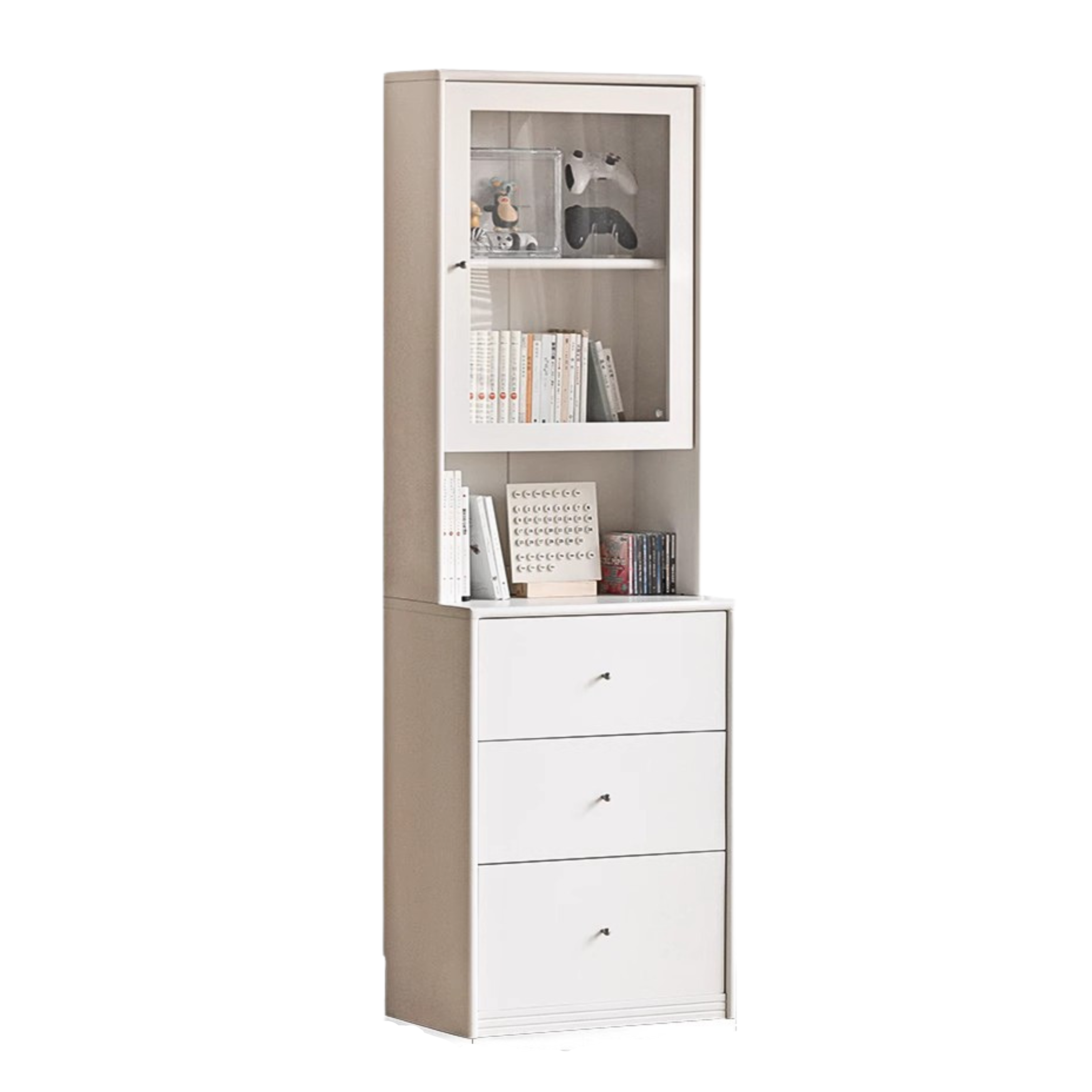 Poplar Solid Wooden Bookcase Cream White Free Combination Glass Door Display Cabinet
