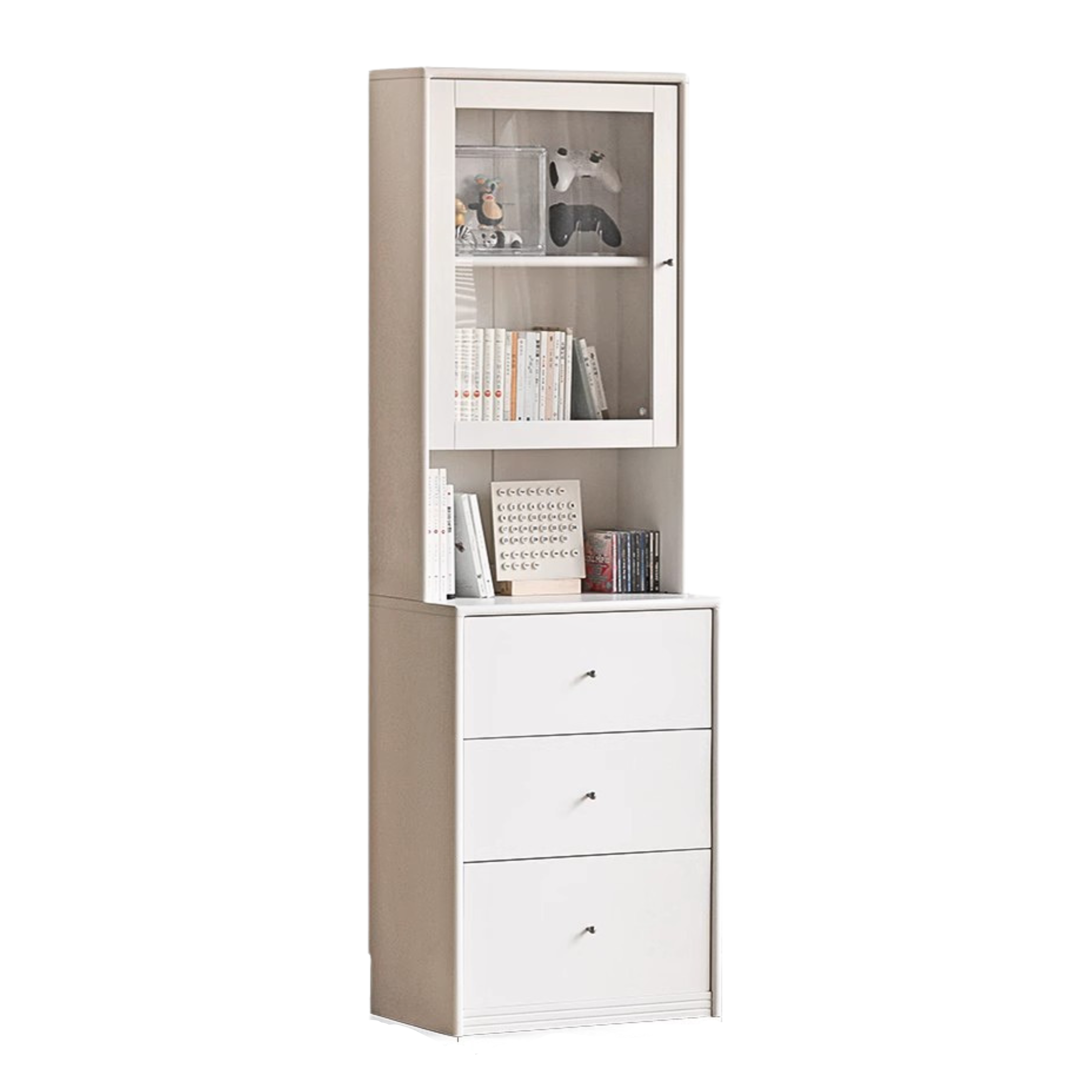 Poplar Solid Wooden Bookcase Cream White Free Combination Glass Door Display Cabinet