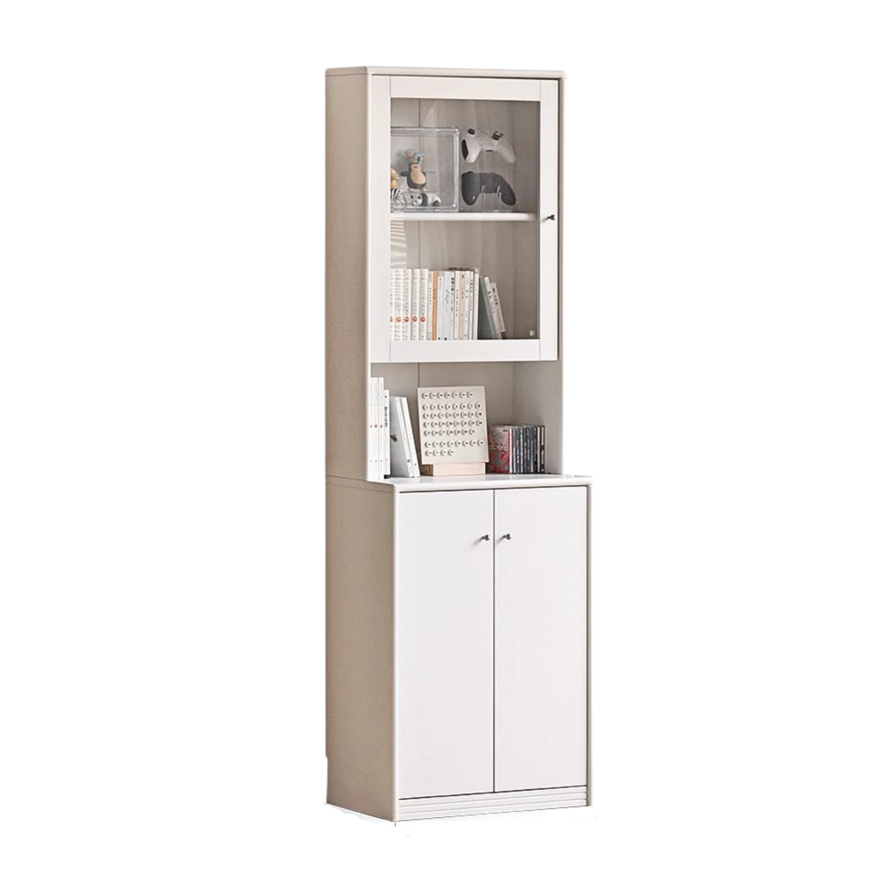 Solid RubberWood Bookcase Cream White Free Combination Glass Door Display Cabinet