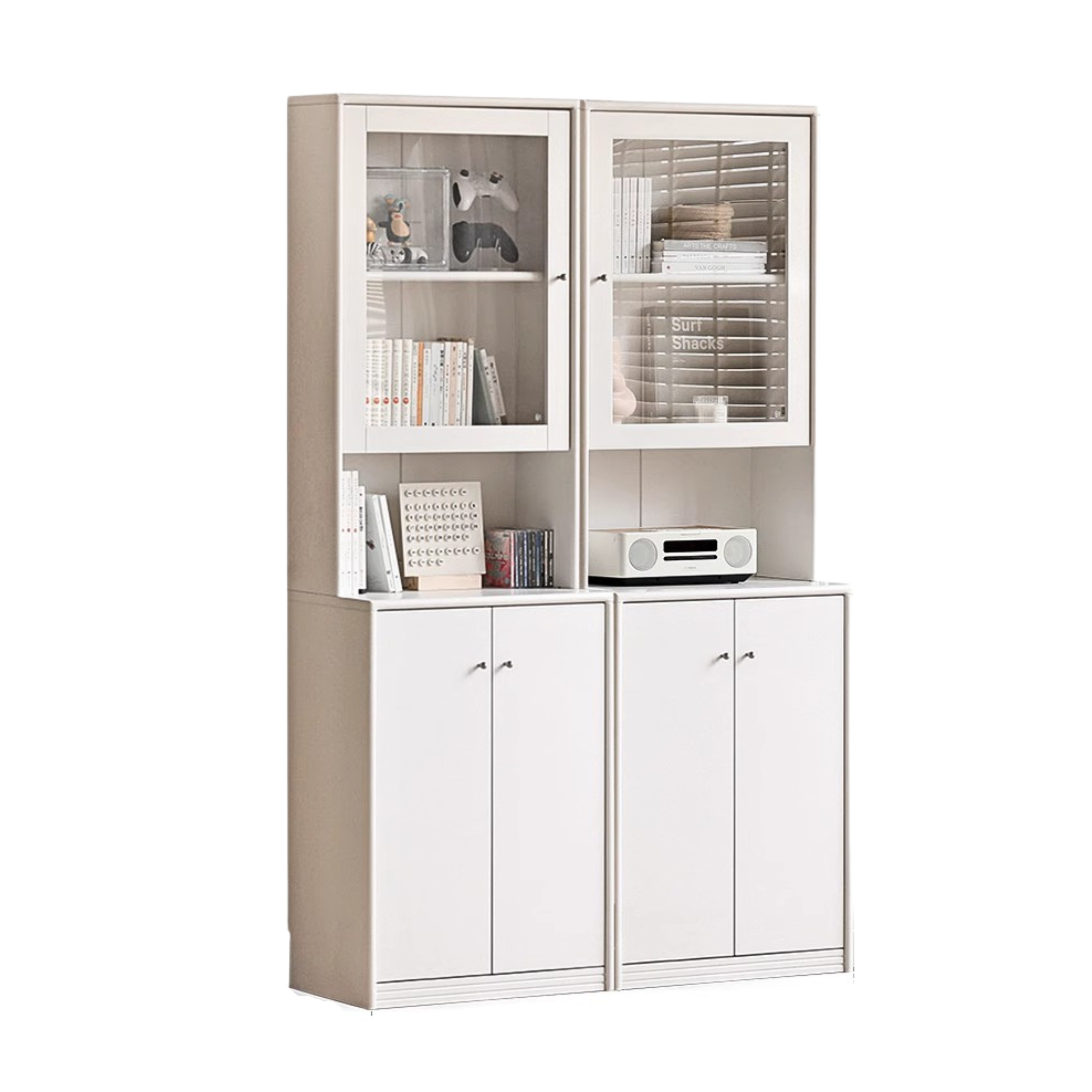 Solid RubberWood Bookcase Cream White Free Combination Glass Door Display Cabinet