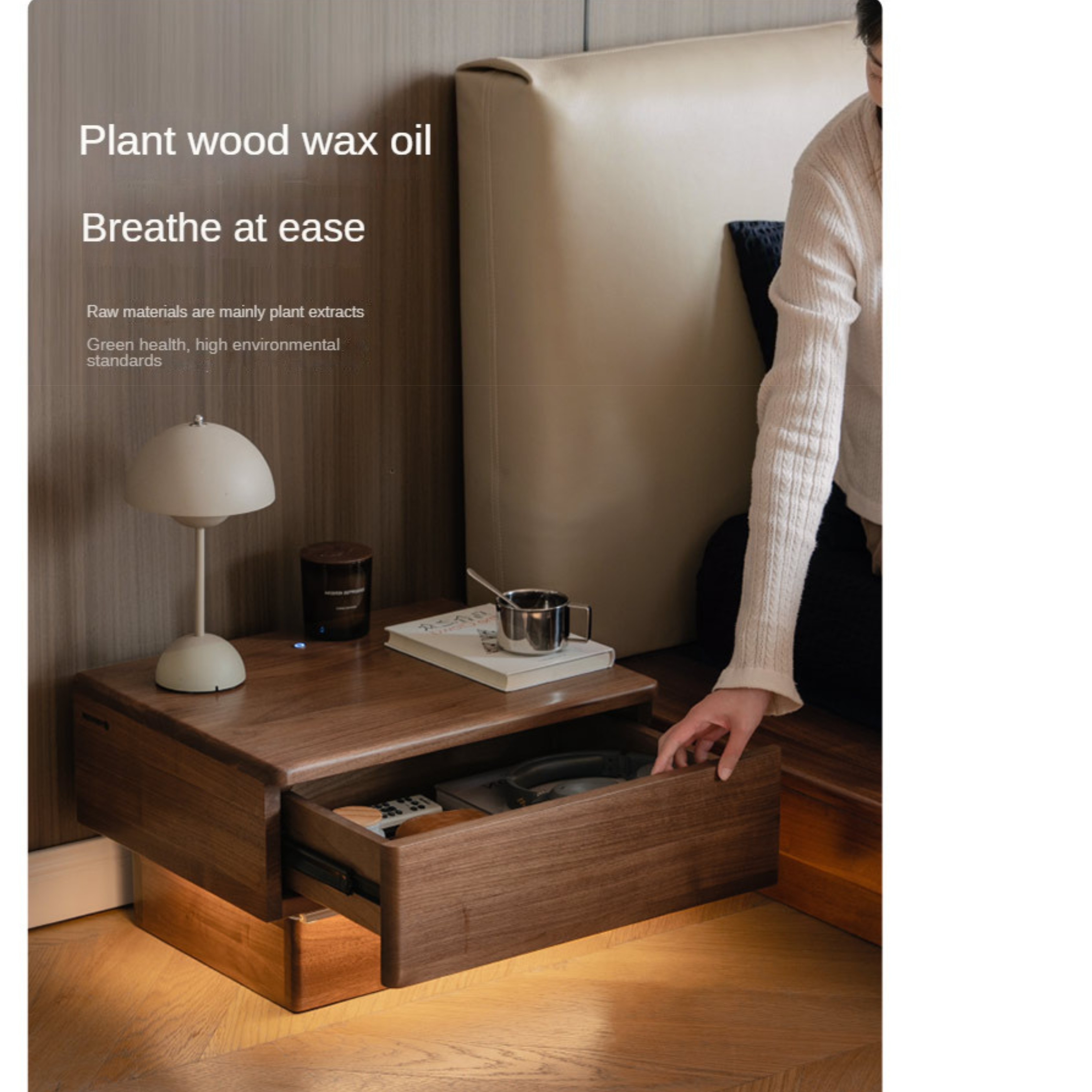 Black Walnut Solid Wood Nightstand With Light Drawer