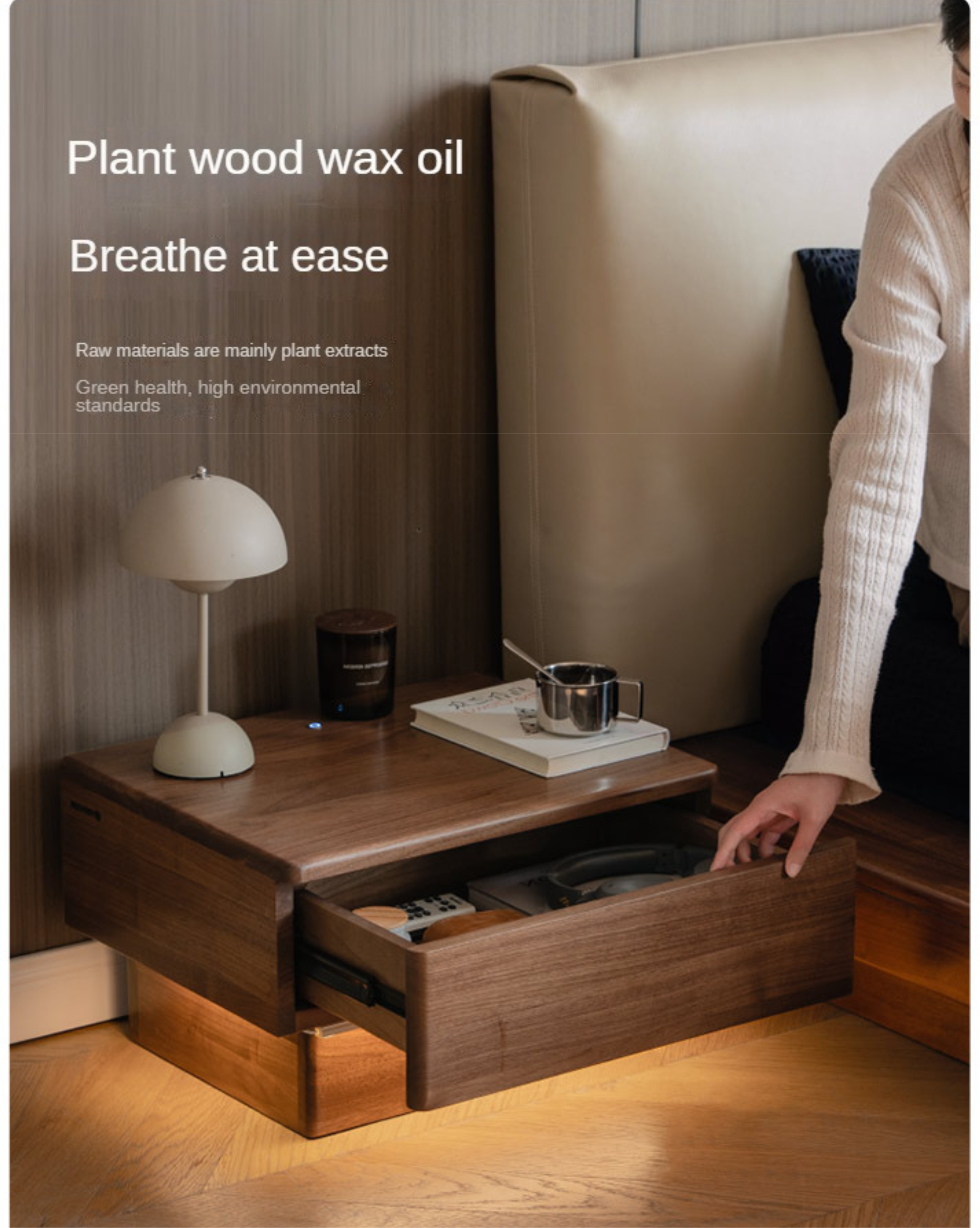 Black Walnut Solid Wood Nightstand With Light Drawer