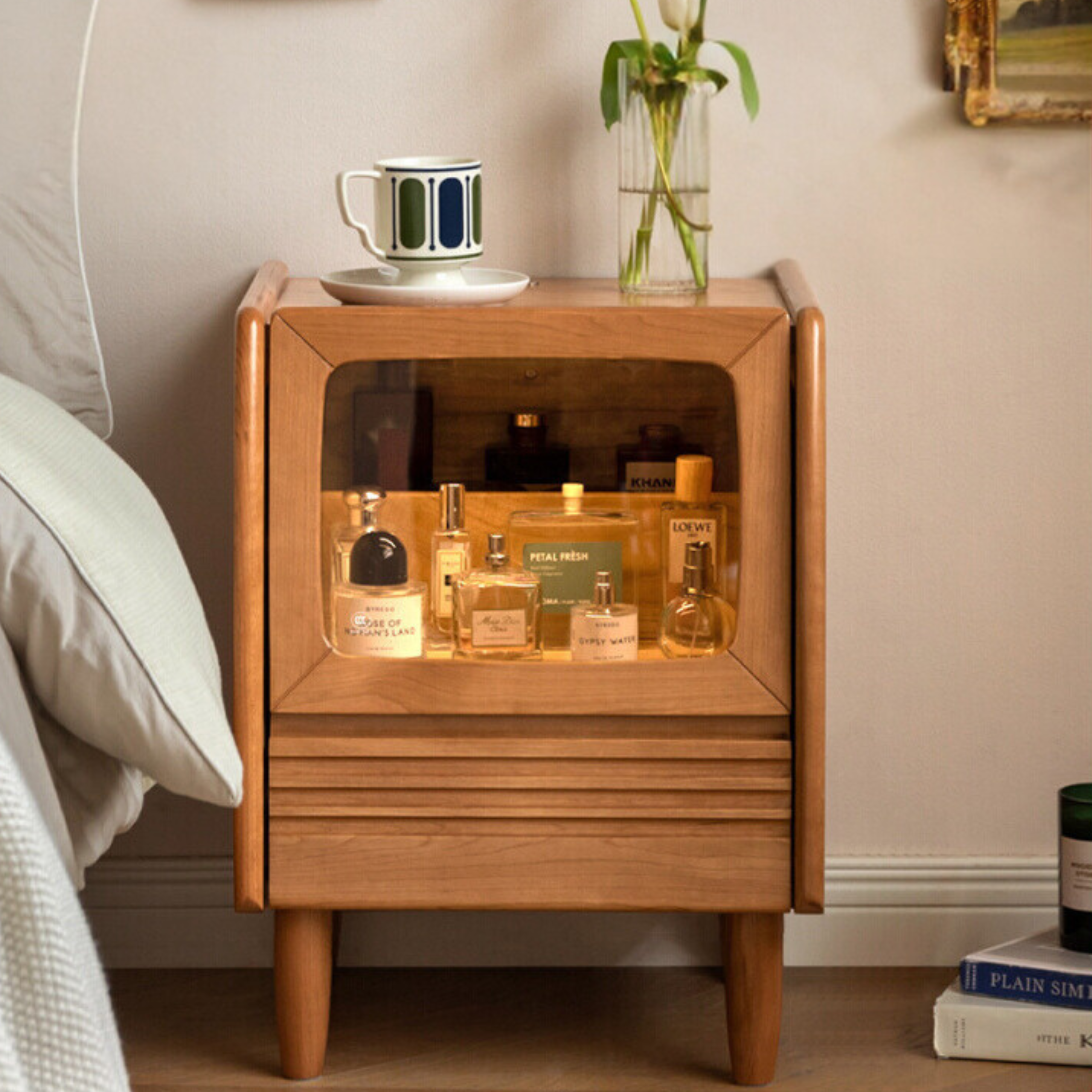 Cherry Solid Wood Art Retro Nightstand with Light Glass