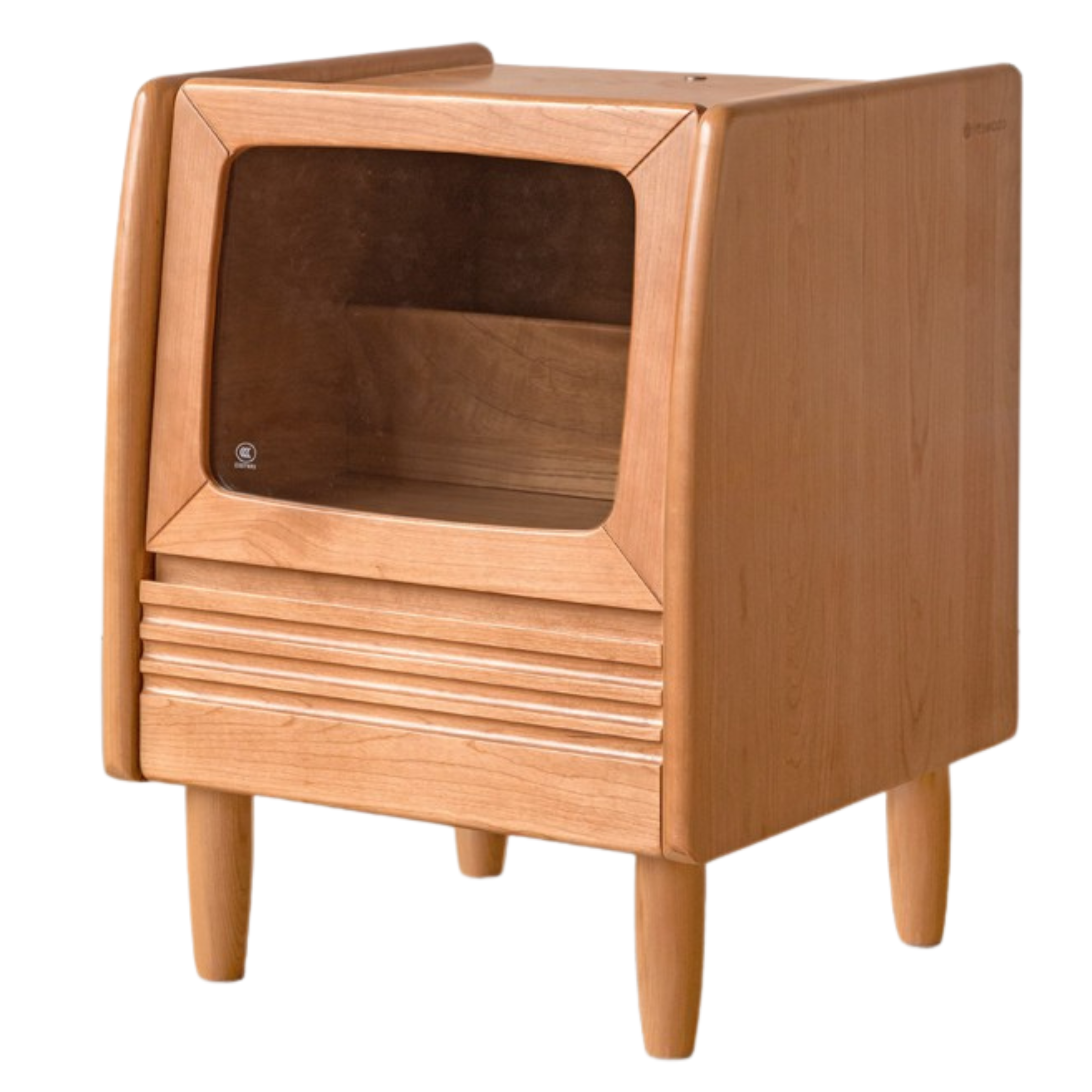 Cherry Solid Wood Art Retro Nightstand with Light Glass
