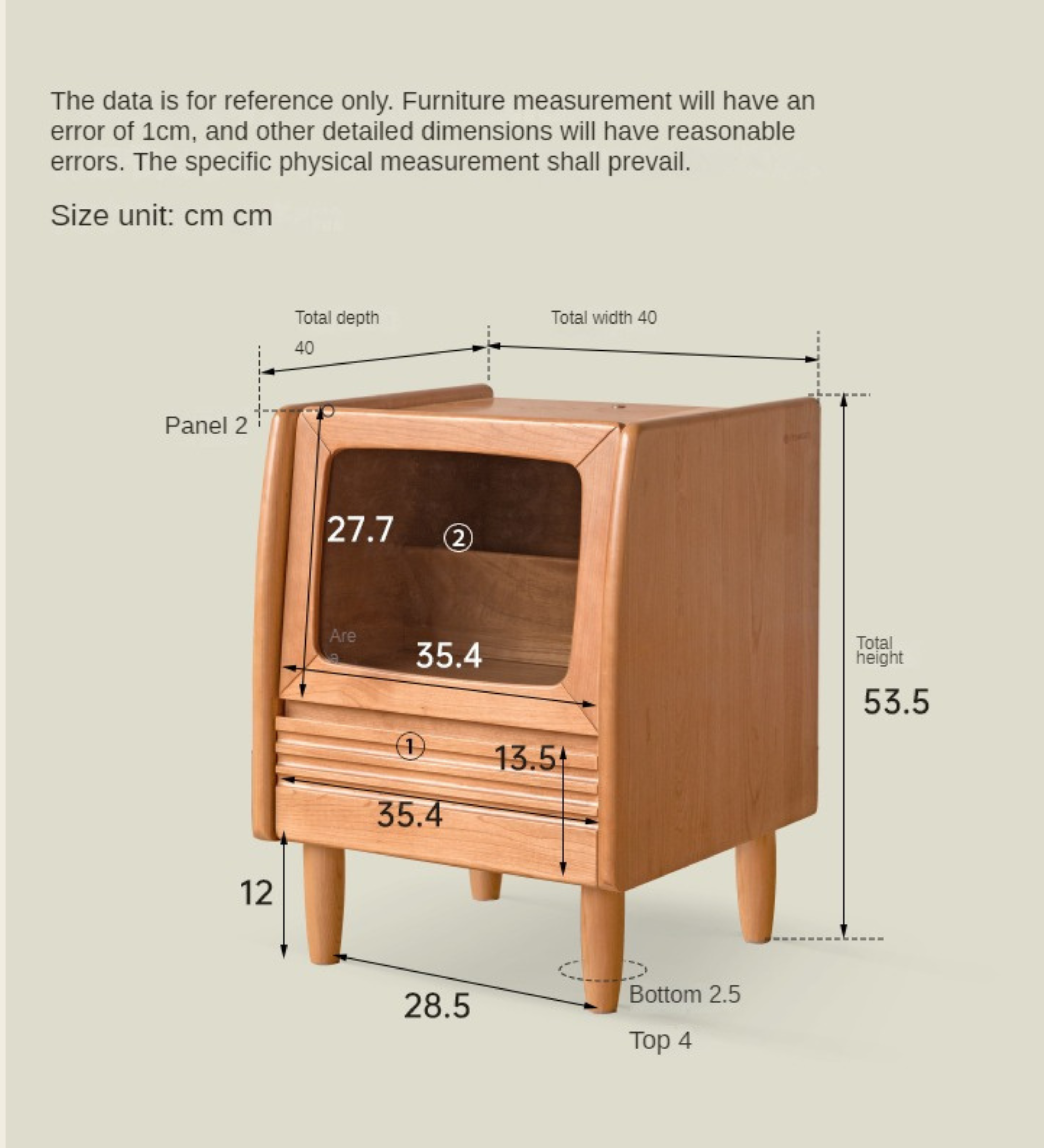 Cherry Solid Wood Art Retro Nightstand with Light Glass