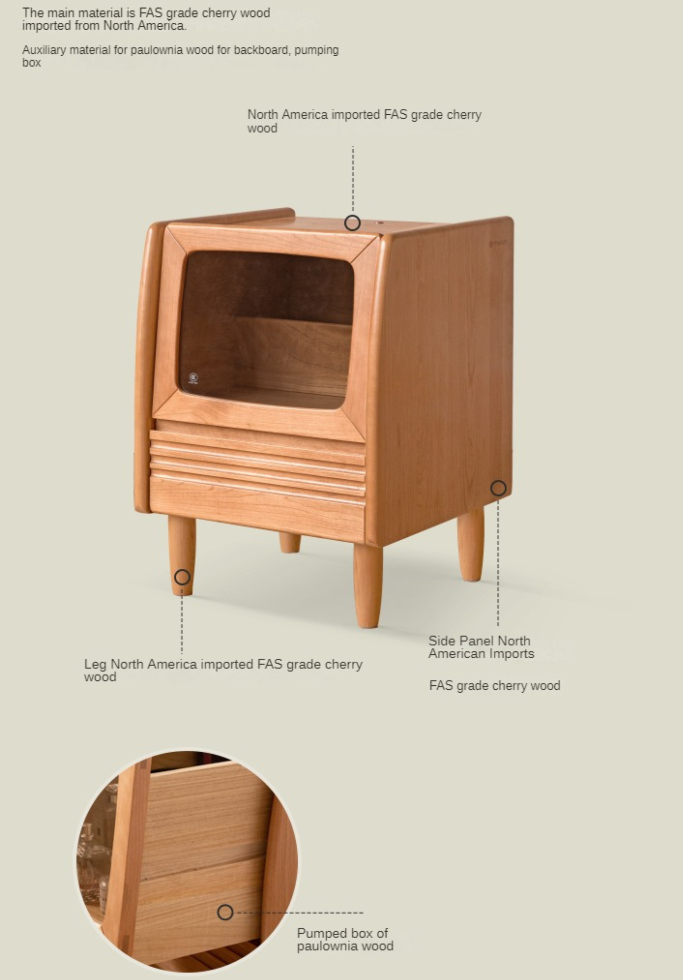 Cherry Solid Wood Art Retro Nightstand with Light Glass