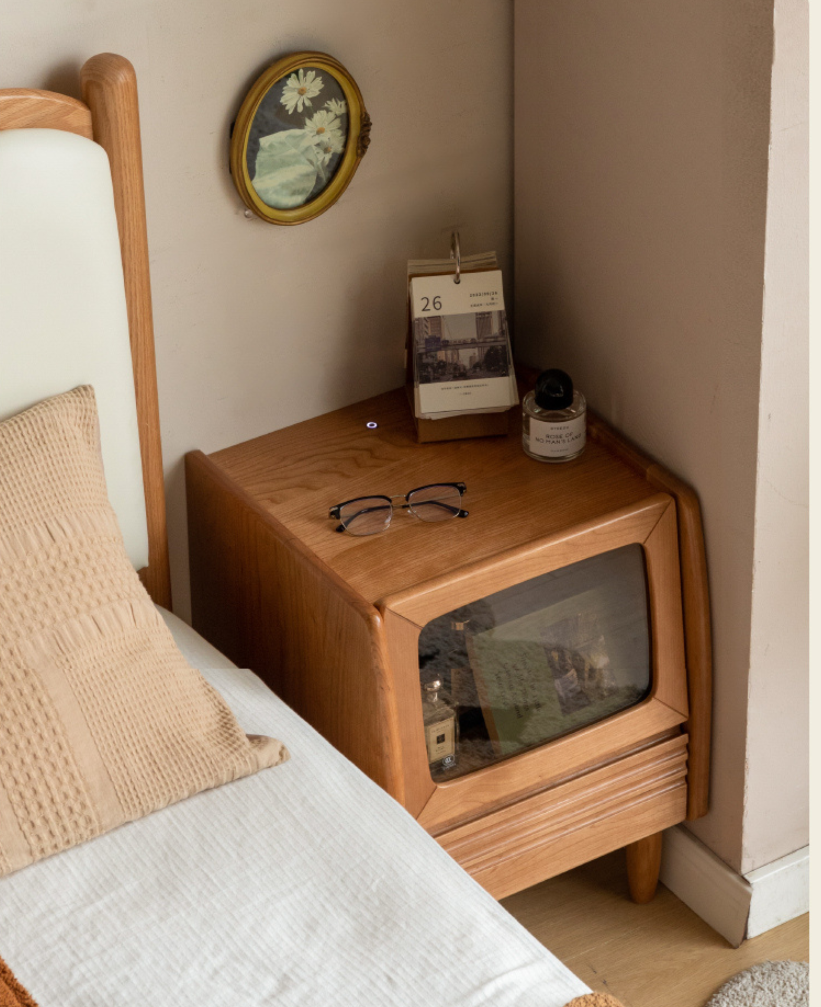 Cherry Solid Wood Art Retro Nightstand with Light Glass