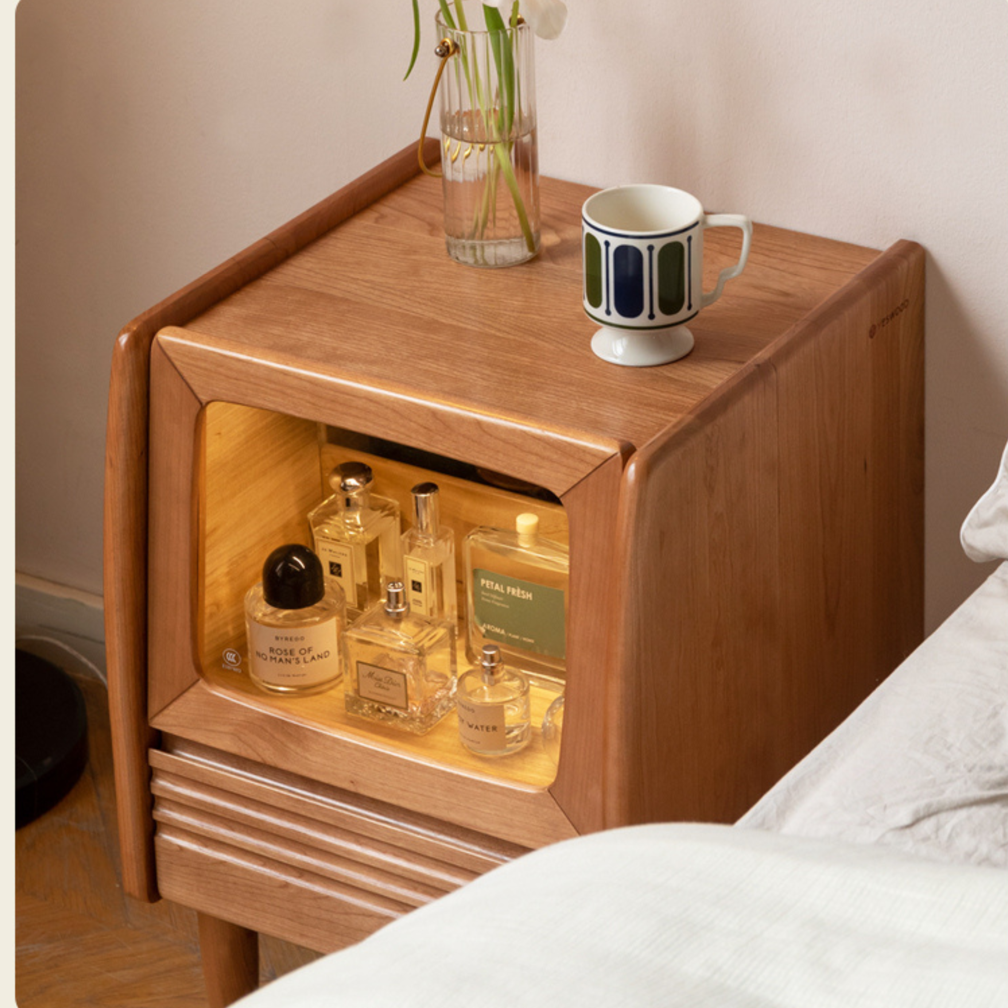 Cherry Solid Wood Art Retro Nightstand with Light Glass
