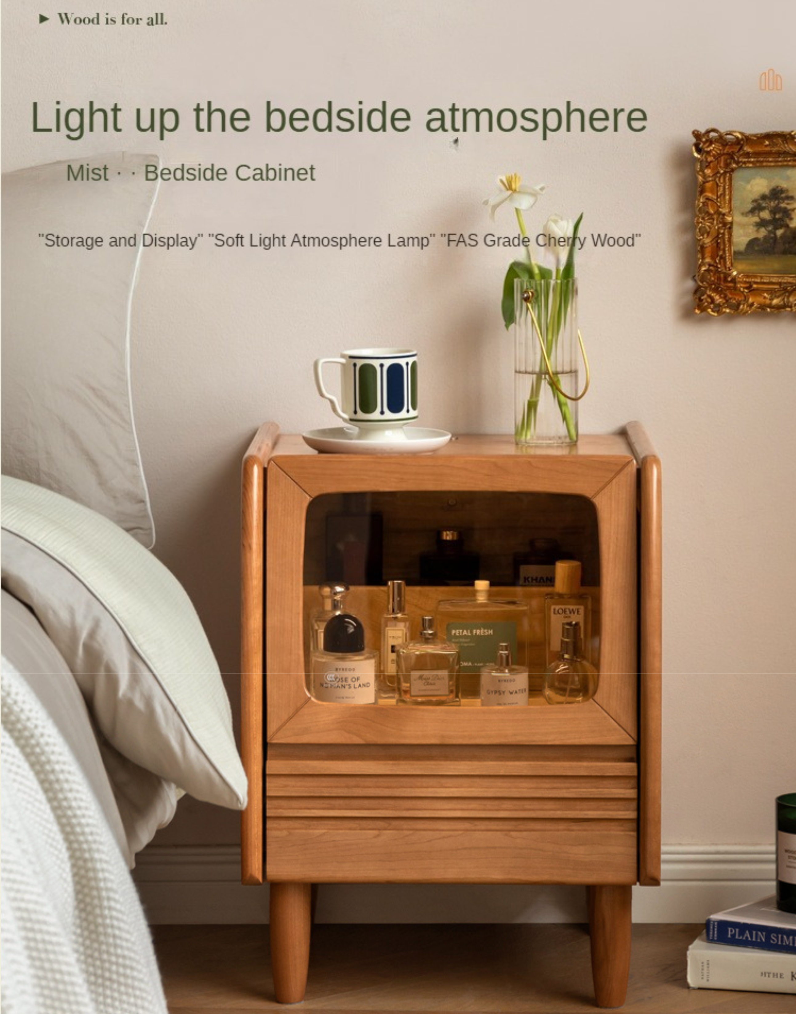 Cherry Solid Wood Art Retro Nightstand with Light Glass