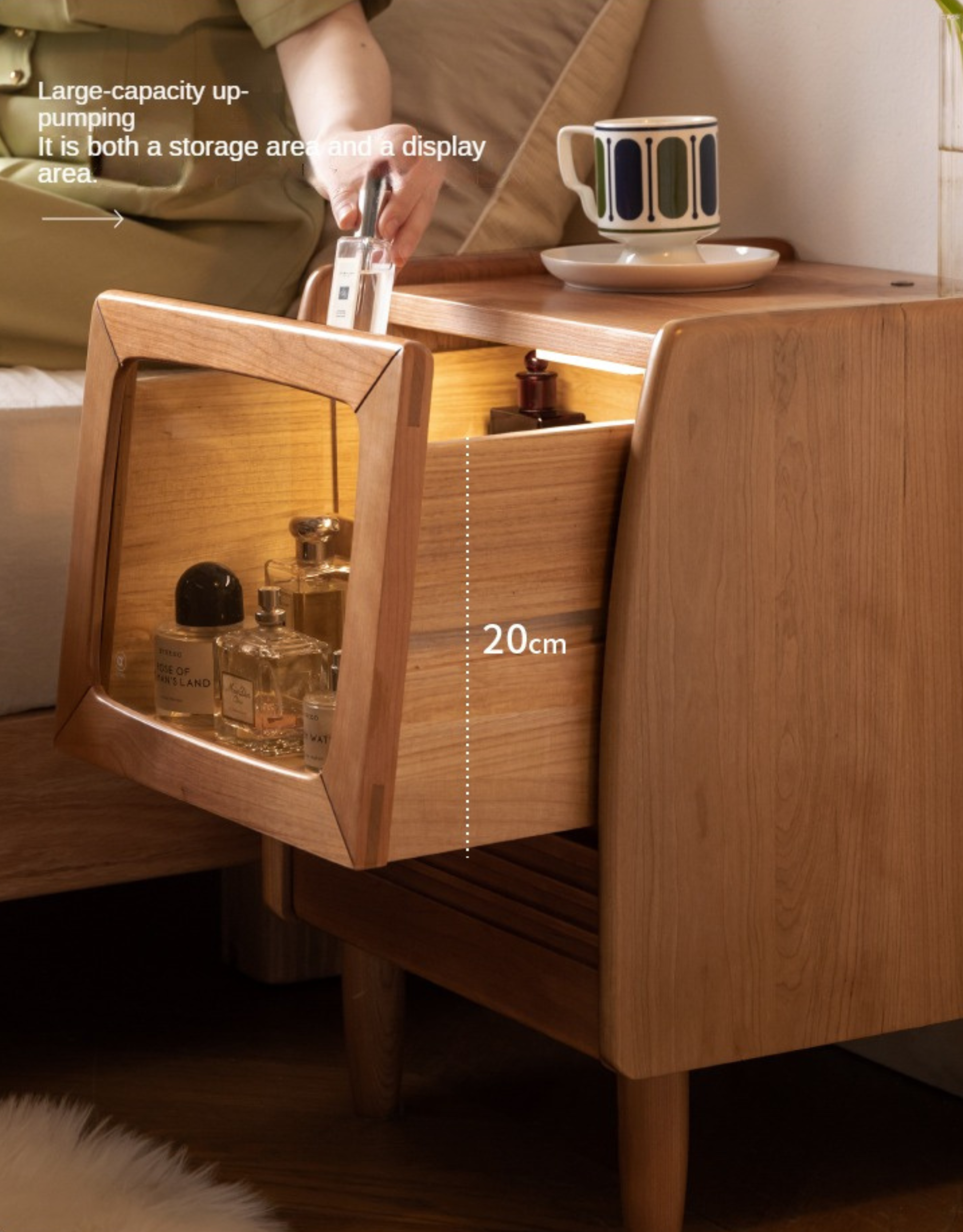 Cherry Solid Wood Art Retro Nightstand with Light Glass