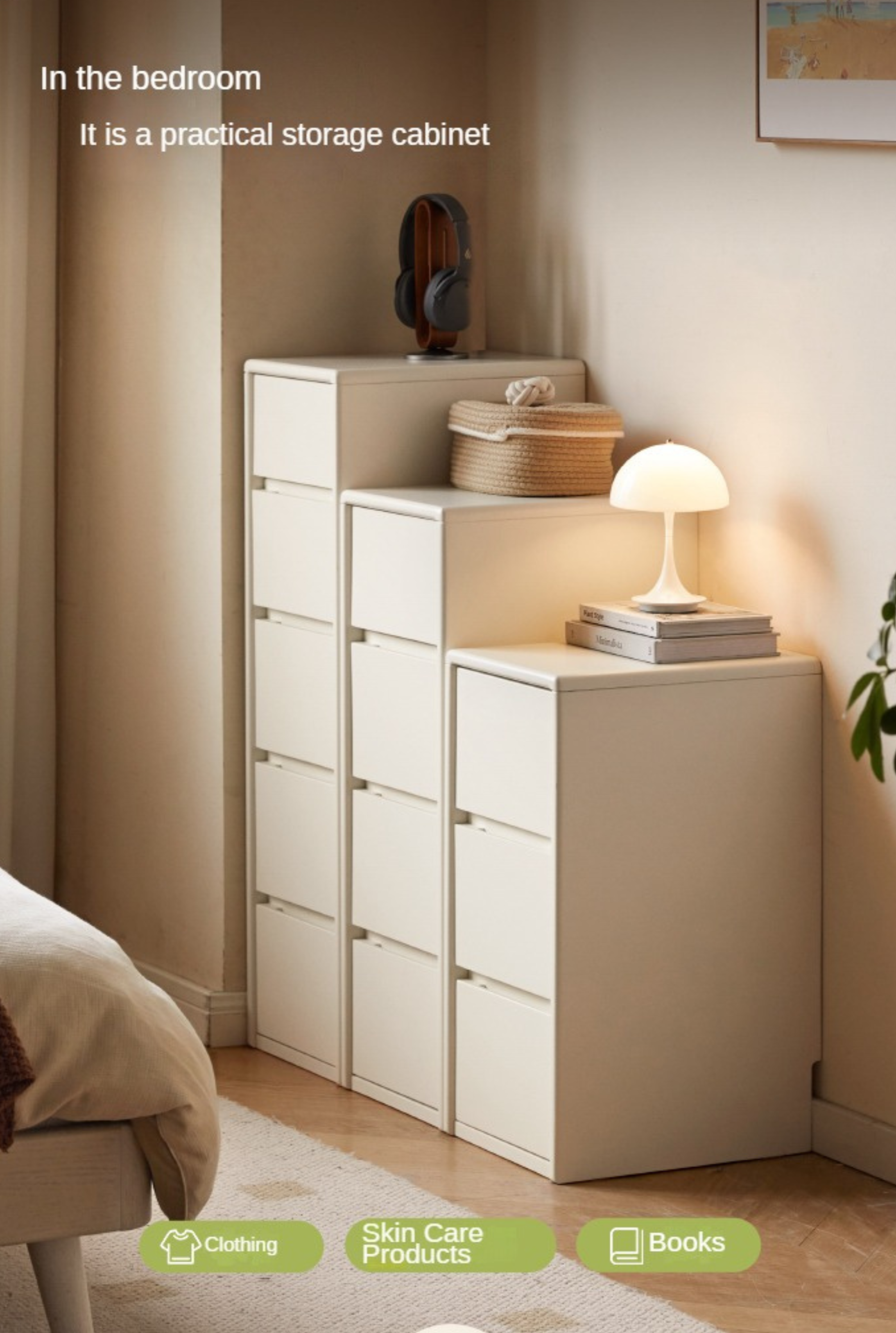 Poplar, Solid Rubberwood White Drawer Storage Cabinet