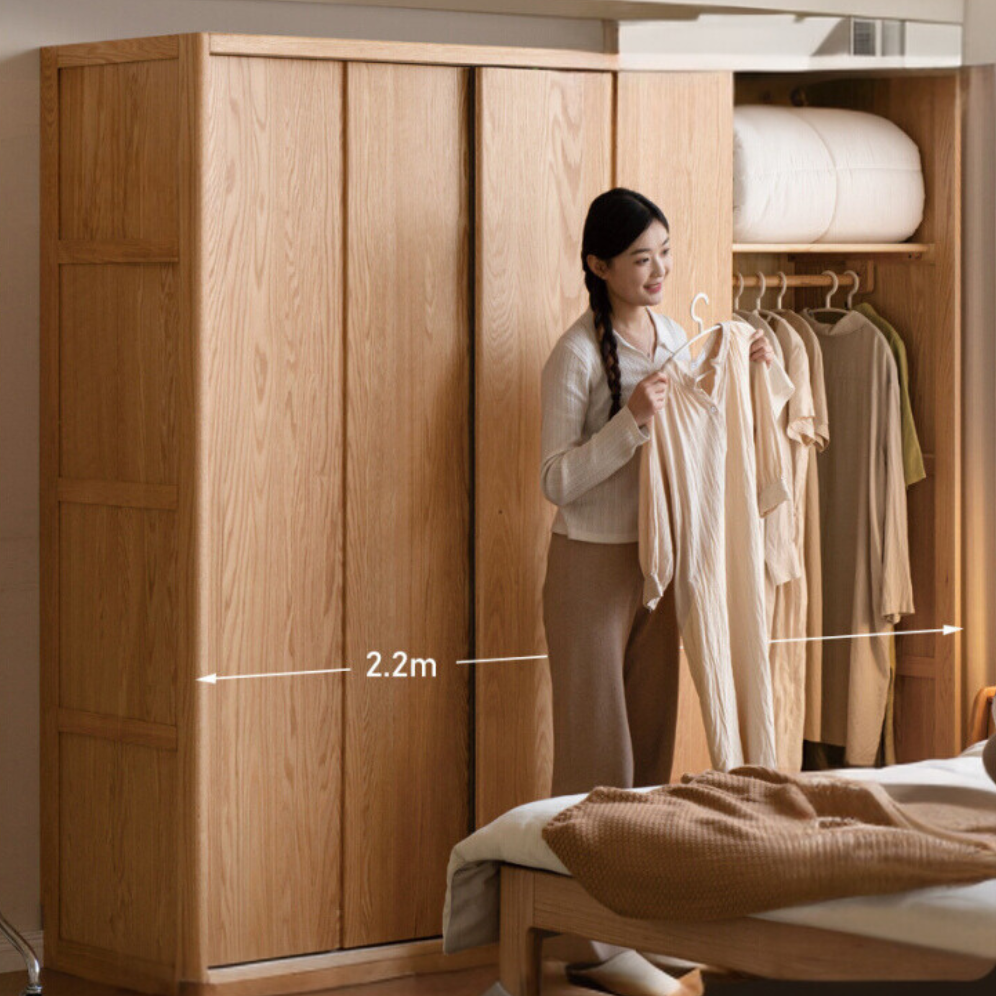 Oak Solid Wood Wardrobe Sliding Door Master Bedroom