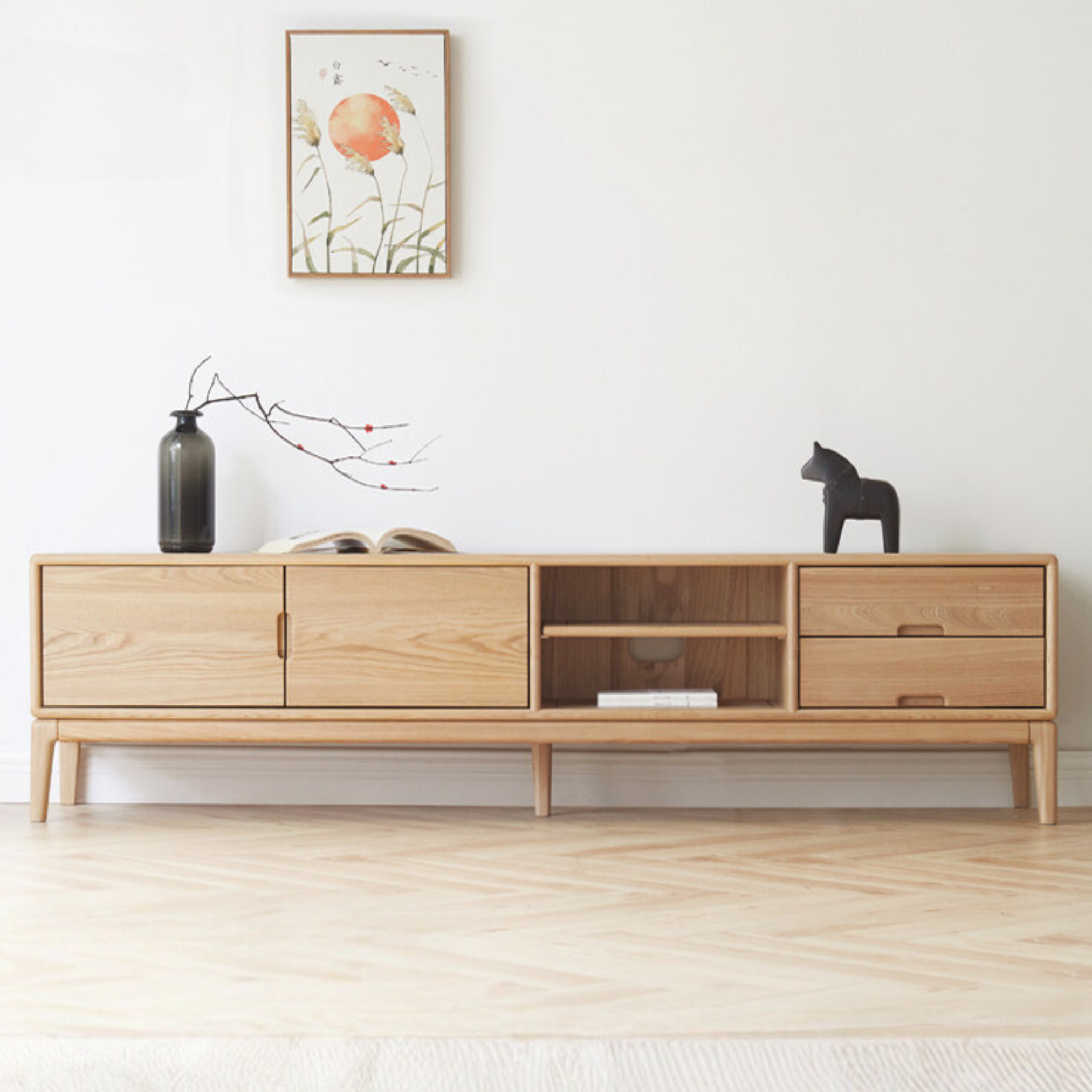 Ash Solid Wood Simple Floor TV Cabinet.