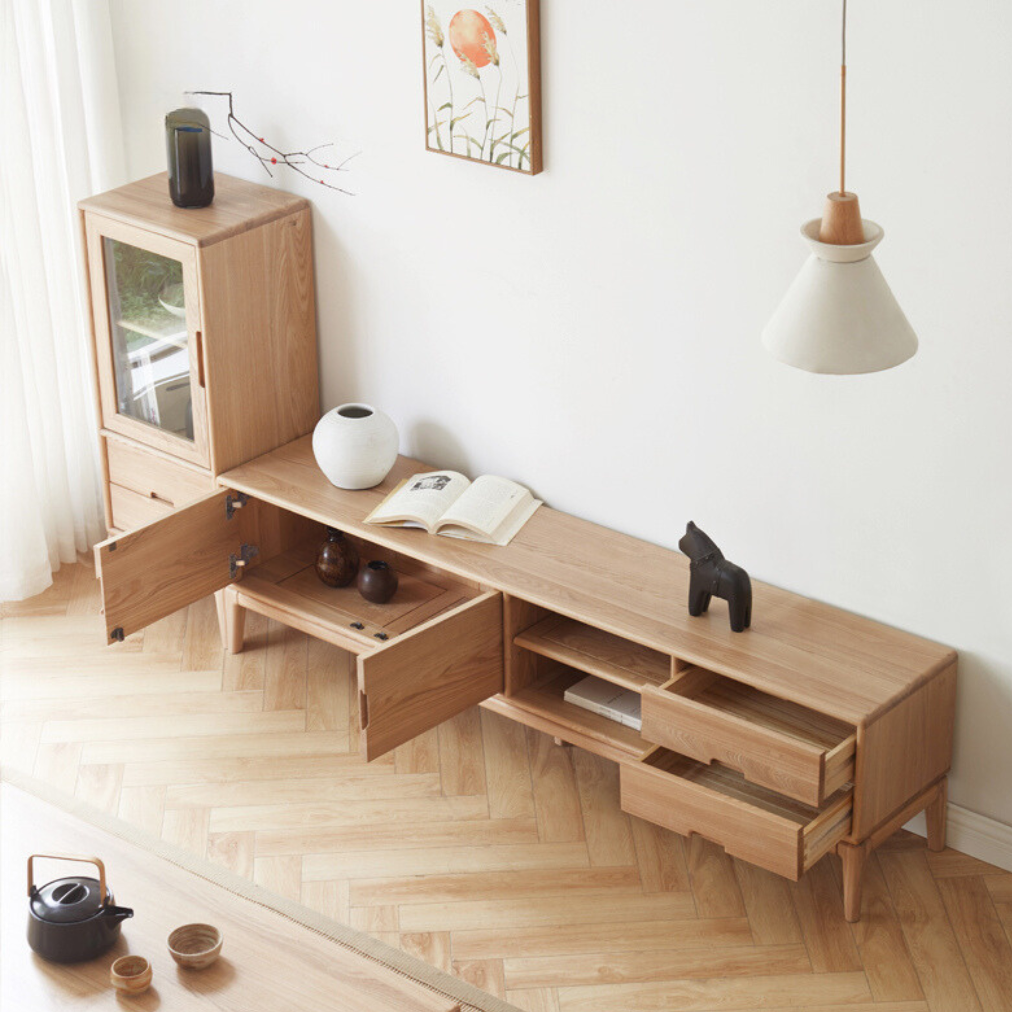 Ash Solid Wood Simple Floor TV Cabinet.